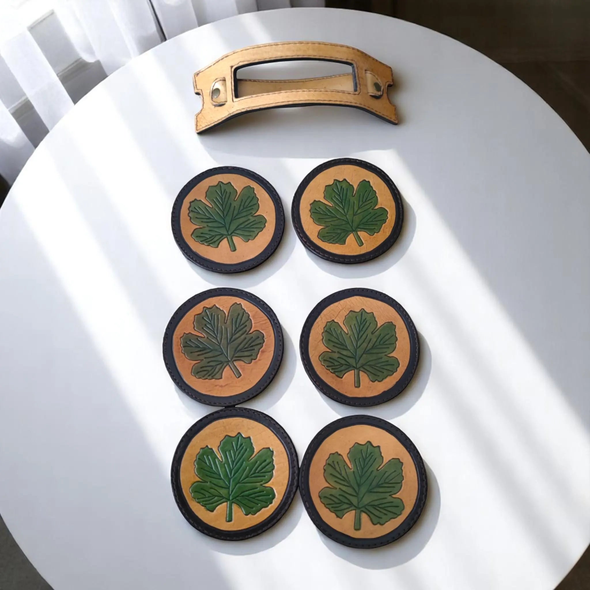 Leather Coaster Set | Cat Face Maple Leaf Pyrography Art | Rustic Farmhouse Barware | Hand-Burned Veg-Tan | 6 Pieces