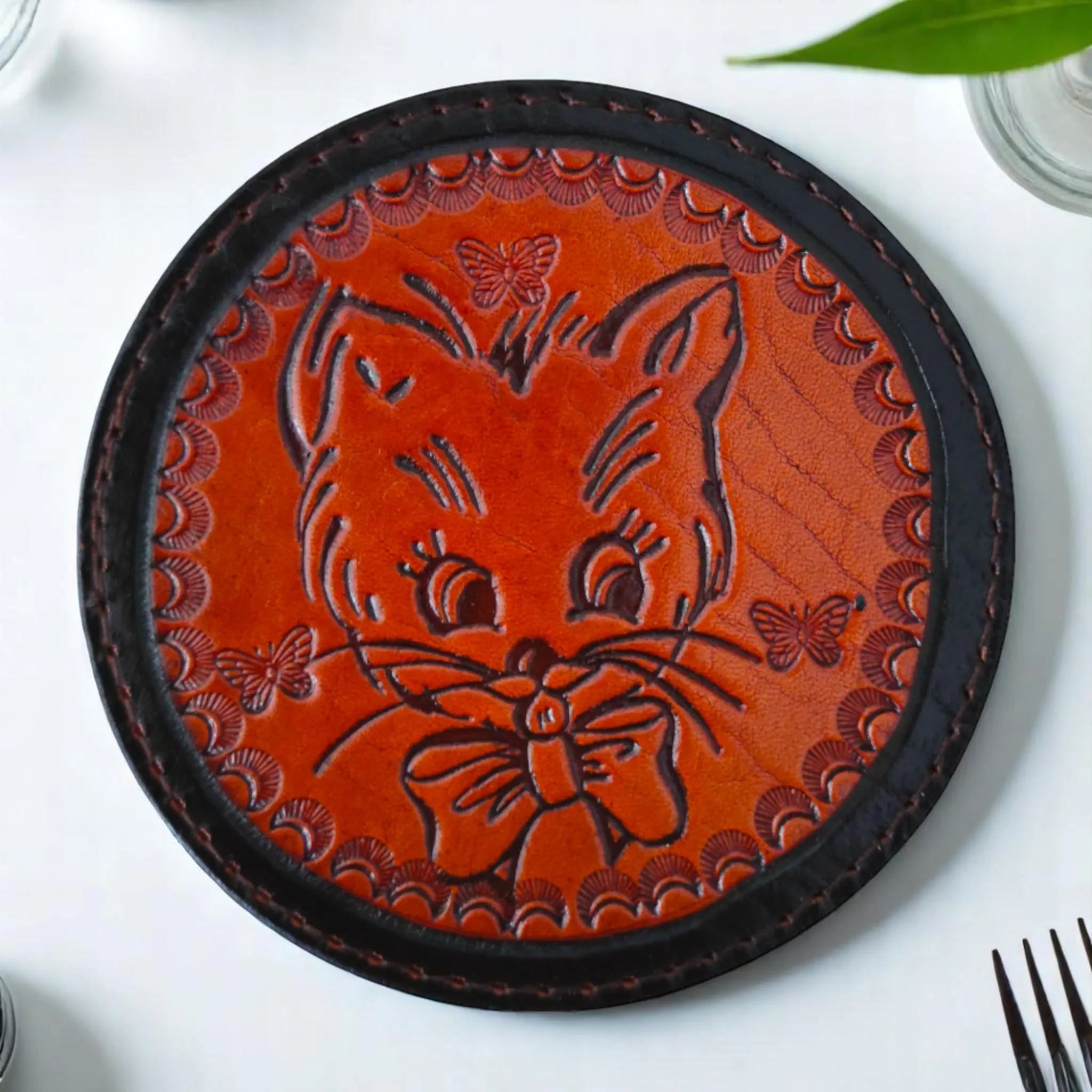Leather Coaster Set | Cat Face Maple Leaf Pyrography Art | Rustic Farmhouse Barware | Hand-Burned Veg-Tan | 6 Pieces