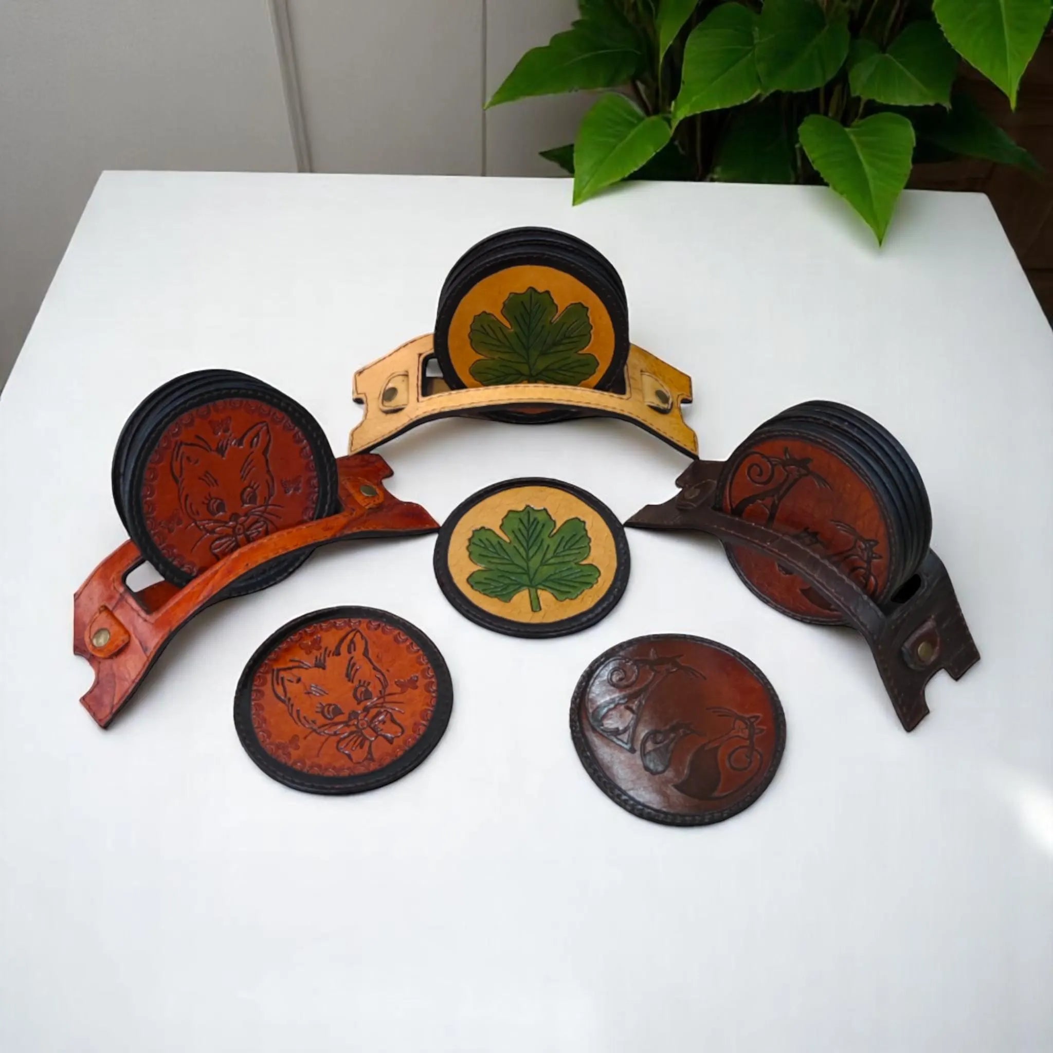 Leather Coaster Set | Cat Face Maple Leaf Pyrography Art | Rustic Farmhouse Barware | Hand-Burned Veg-Tan | 6 Pieces