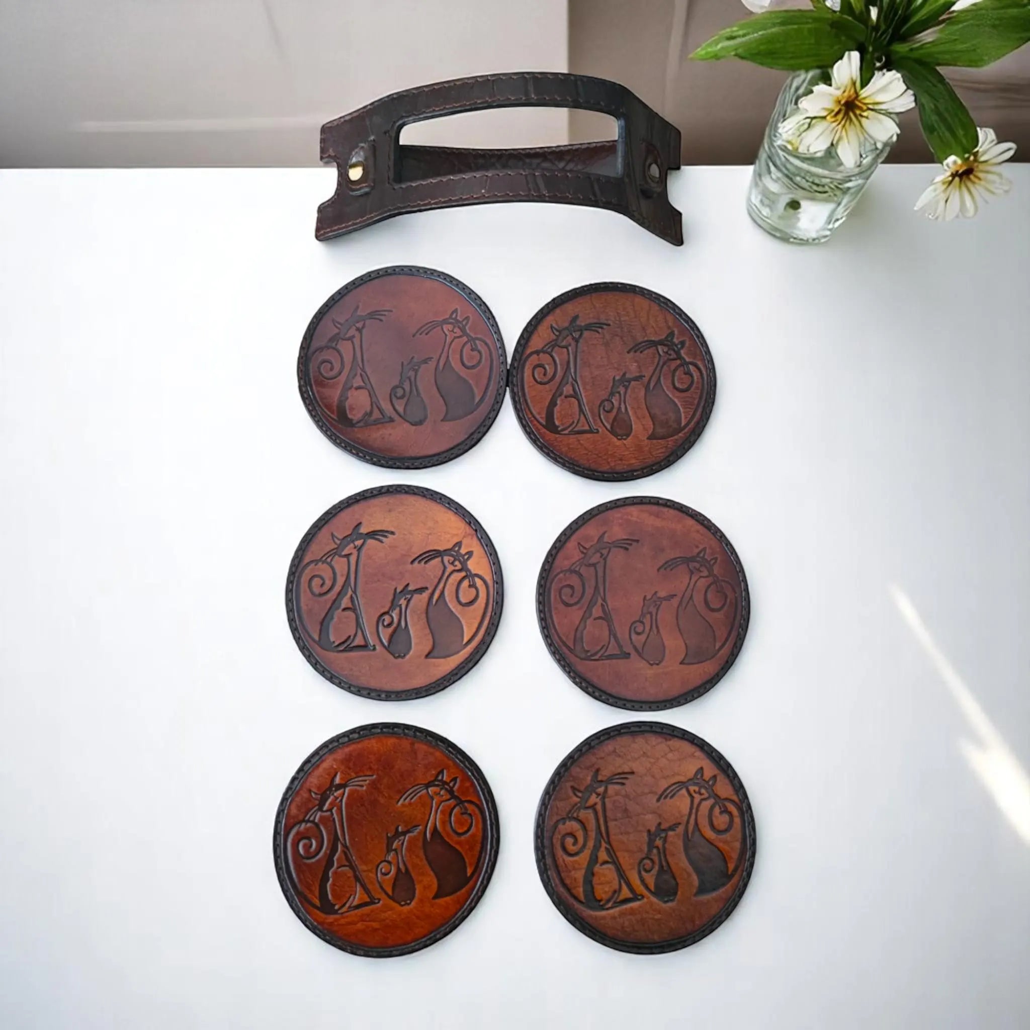 Leather Coaster Set | Cat Face Maple Leaf Pyrography Art | Rustic Farmhouse Barware | Hand-Burned Veg-Tan | 6 Pieces