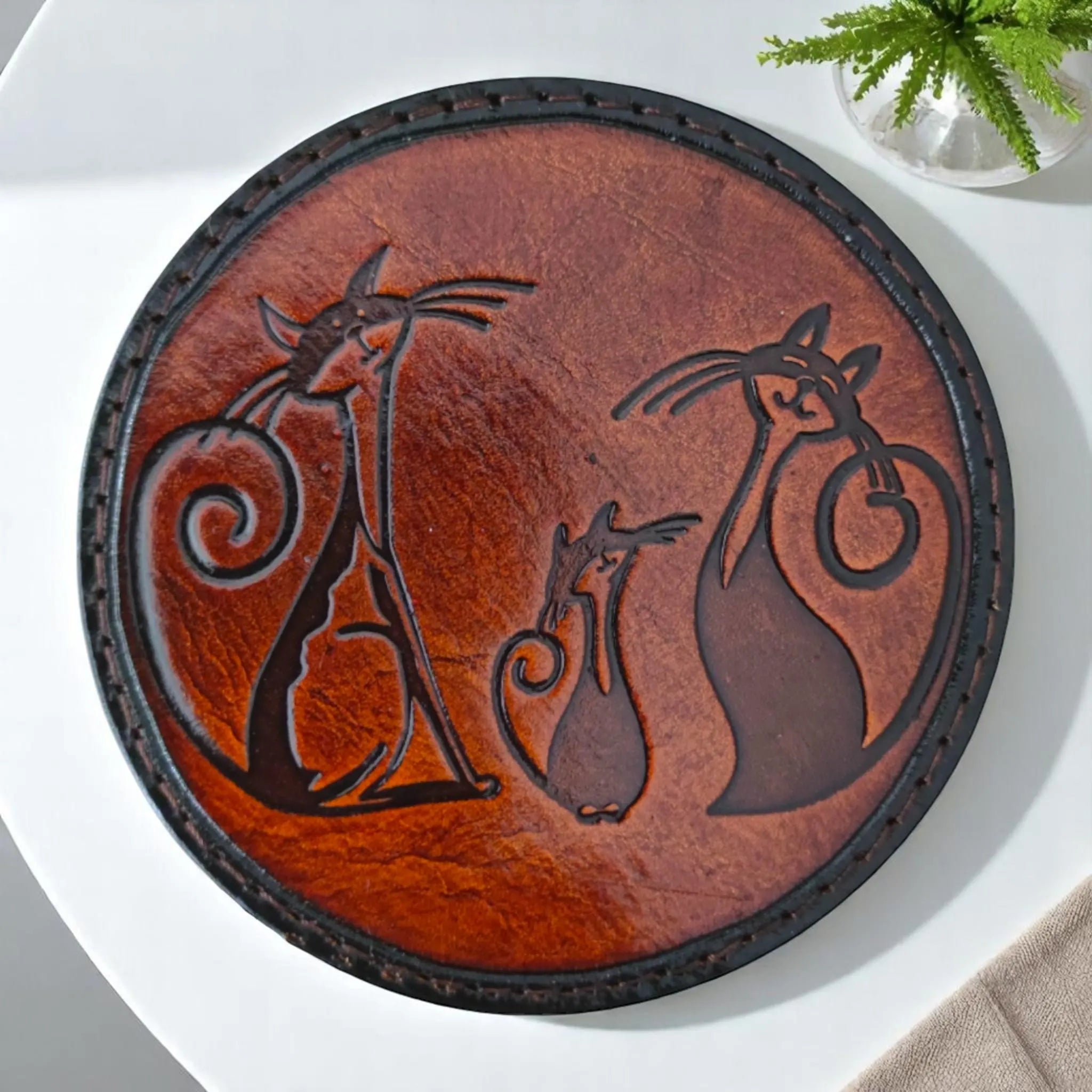 Leather Coaster Set | Cat Face Maple Leaf Pyrography Art | Rustic Farmhouse Barware | Hand-Burned Veg-Tan | 6 Pieces