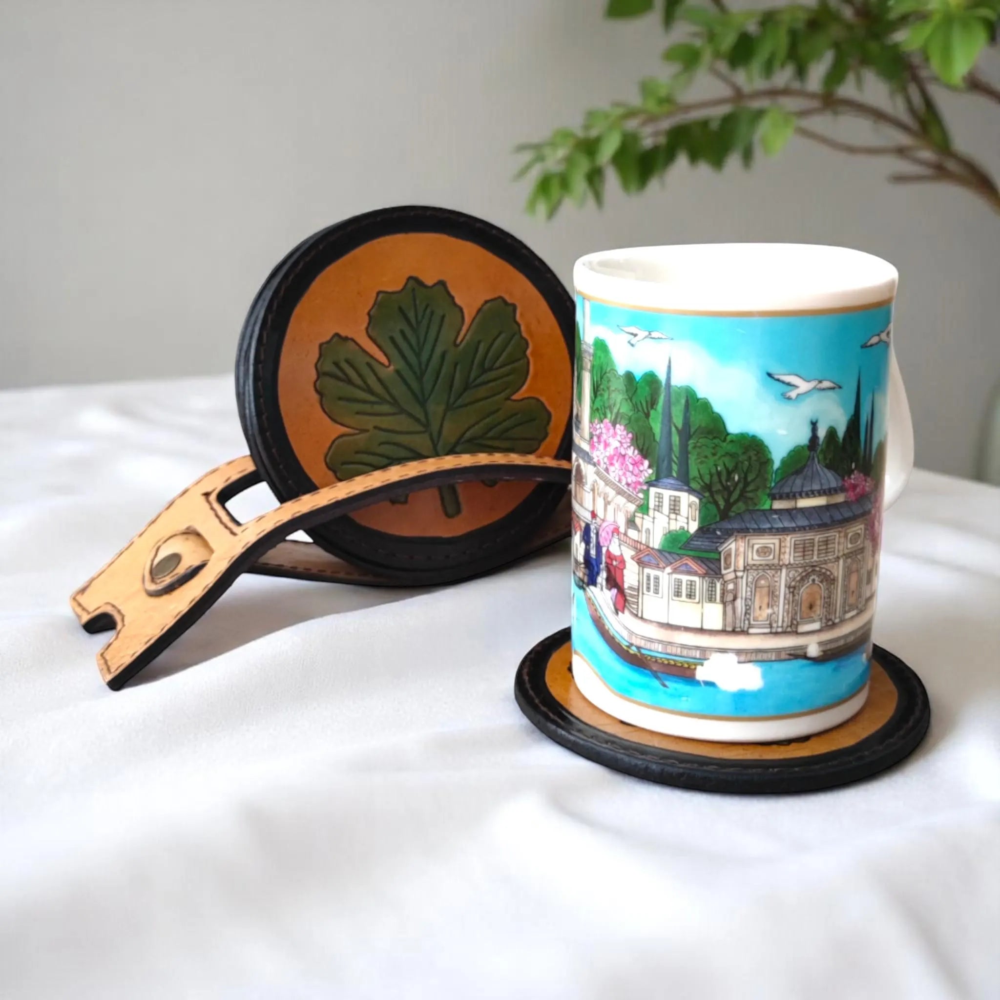 Leather Coaster Set | Cat Face Maple Leaf Pyrography Art | Rustic Farmhouse Barware | Hand-Burned Veg-Tan | 6 Pieces