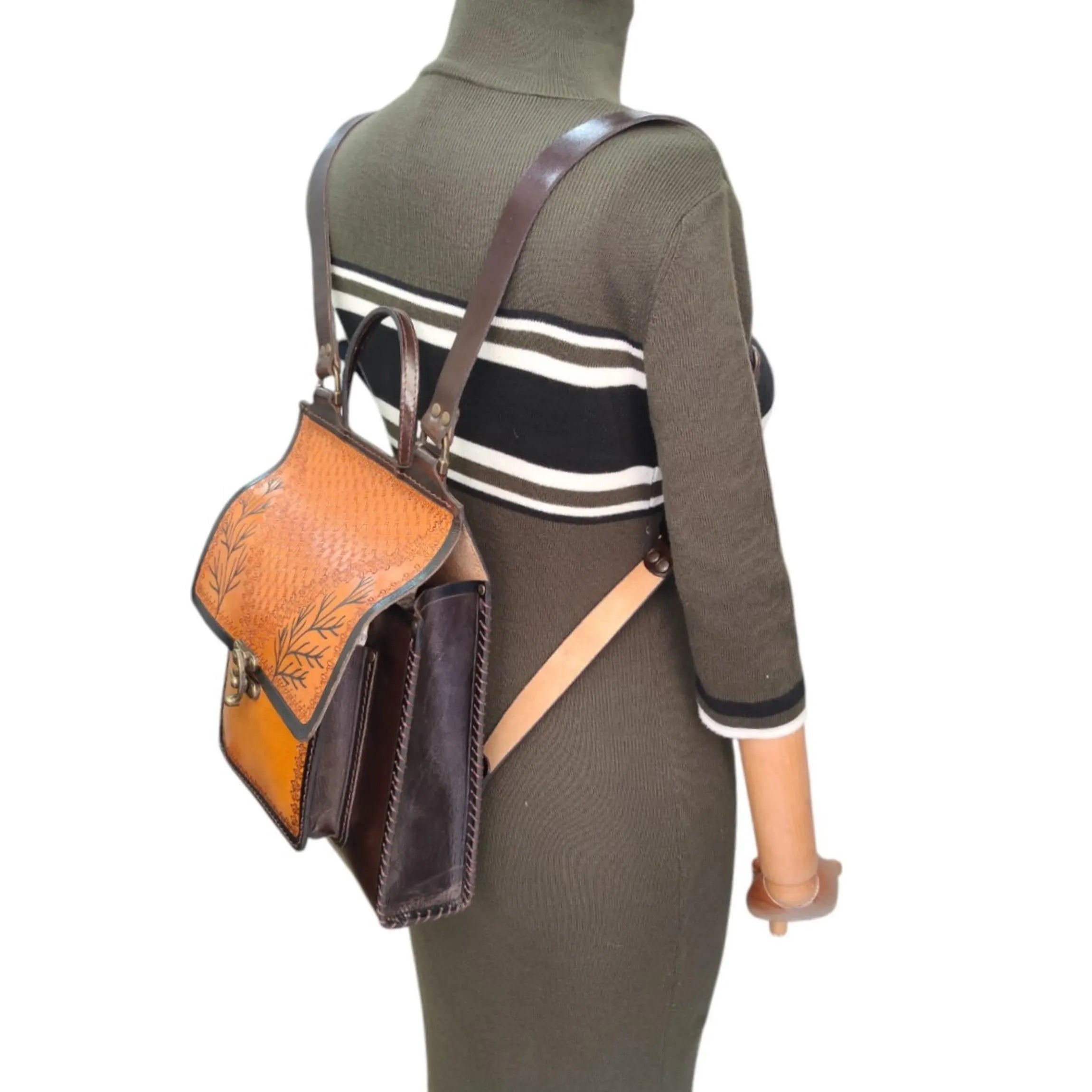 Leather Backpack | Handmade Floral Painted Daypack | Boho Travel Turkish Art Rucksack | Veg-Tan Full Grain | Eco-Friendly Brown
