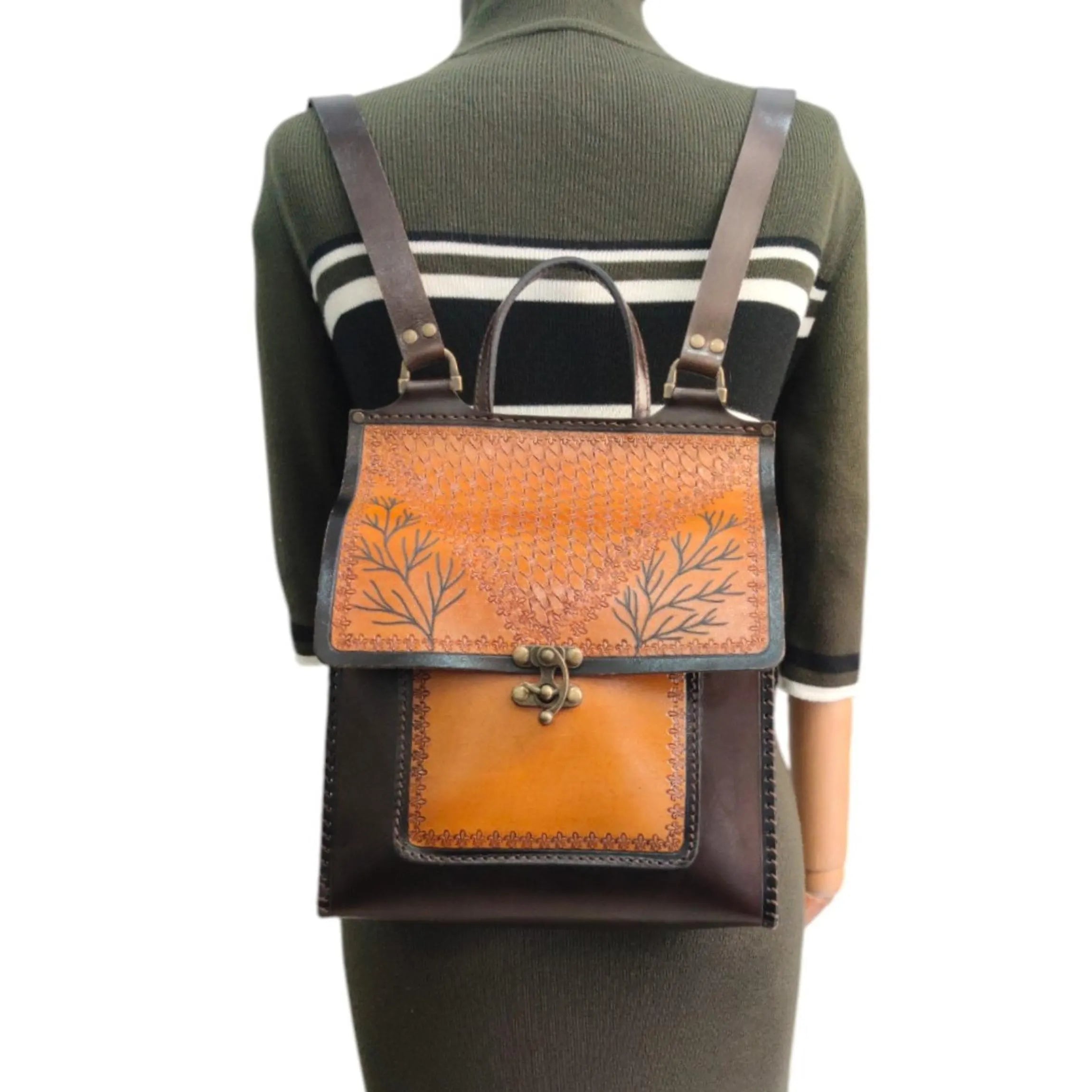 Leather Backpack | Handmade Floral Painted Daypack | Boho Travel Turkish Art Rucksack | Veg-Tan Full Grain | Eco-Friendly Brown
