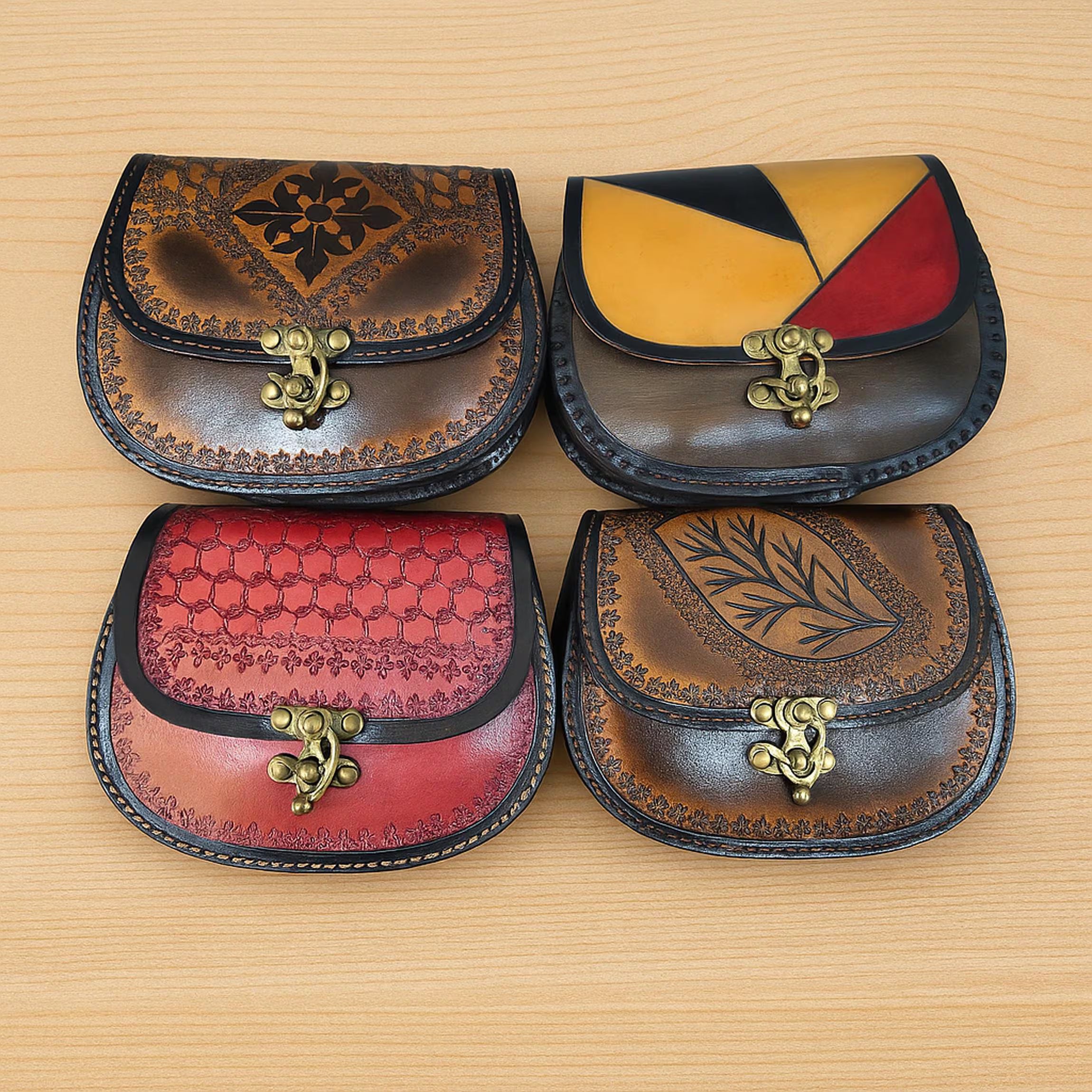 Tooled Leather Crossbody Bag | Floral Carved Satchel | Pink Basket Weave Western Boho | Structured Case | Veg-Tan Full Grain