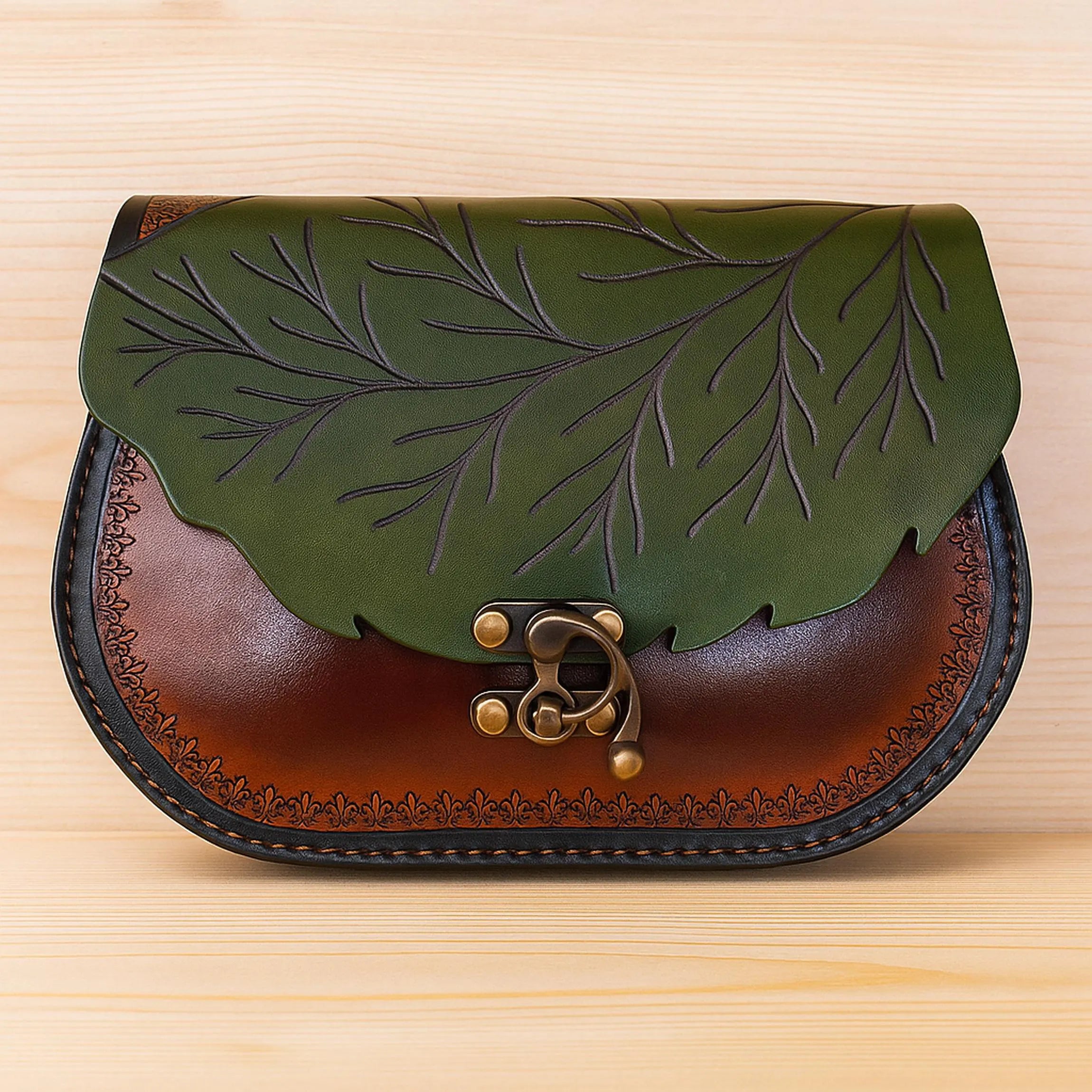 Leaf Flap Leather Messenger Bag | Hand-Tooled Botanical Satchel | Cottagecore Fairy Crossbody | Veg-Tan Full Grain | 4 Colors