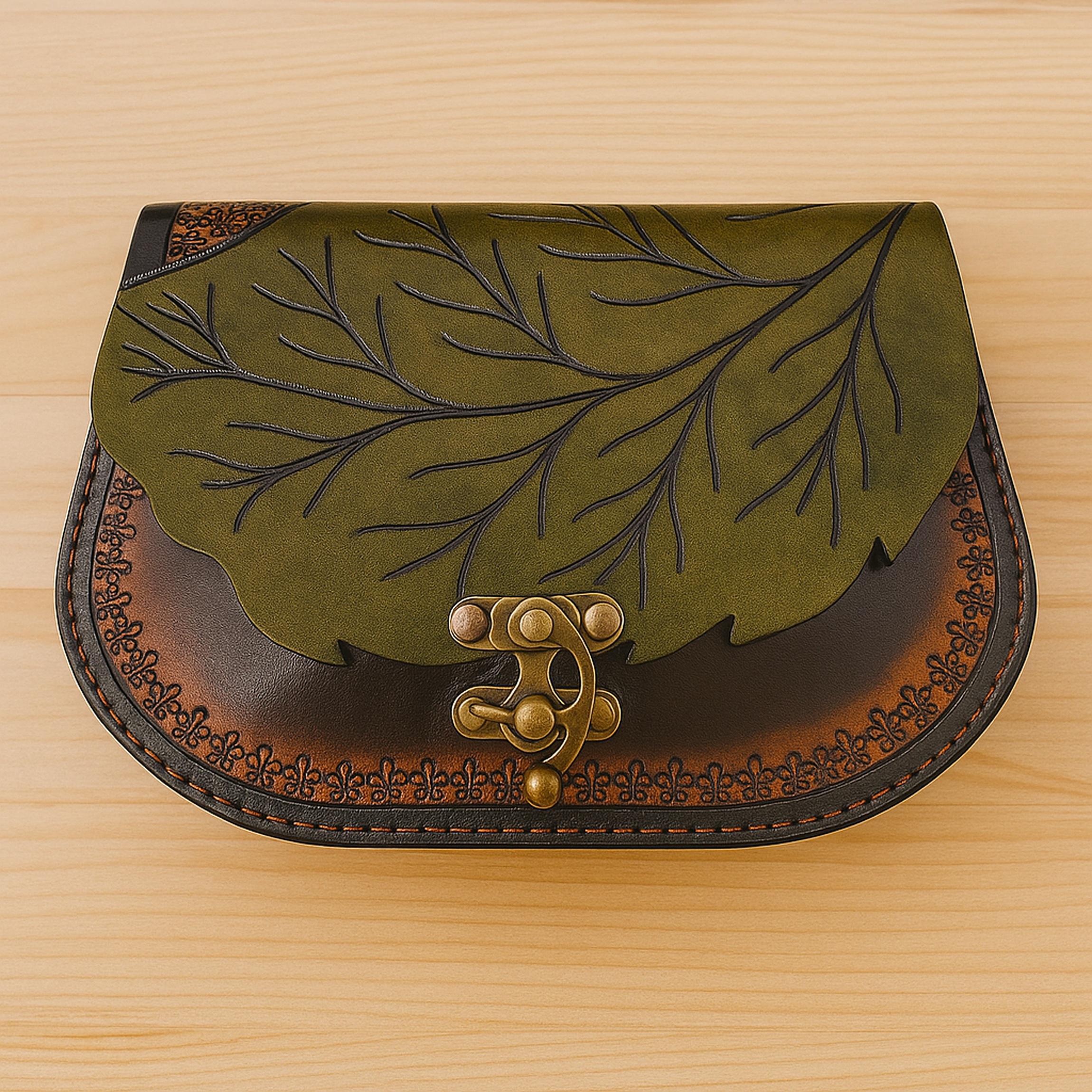 Leather Messenger Bag | Hand-Tooled Leaf Flap Satchel | Cottagecore Botanical Fairycore Crossbody | Veg-Tan Full Grain Brown