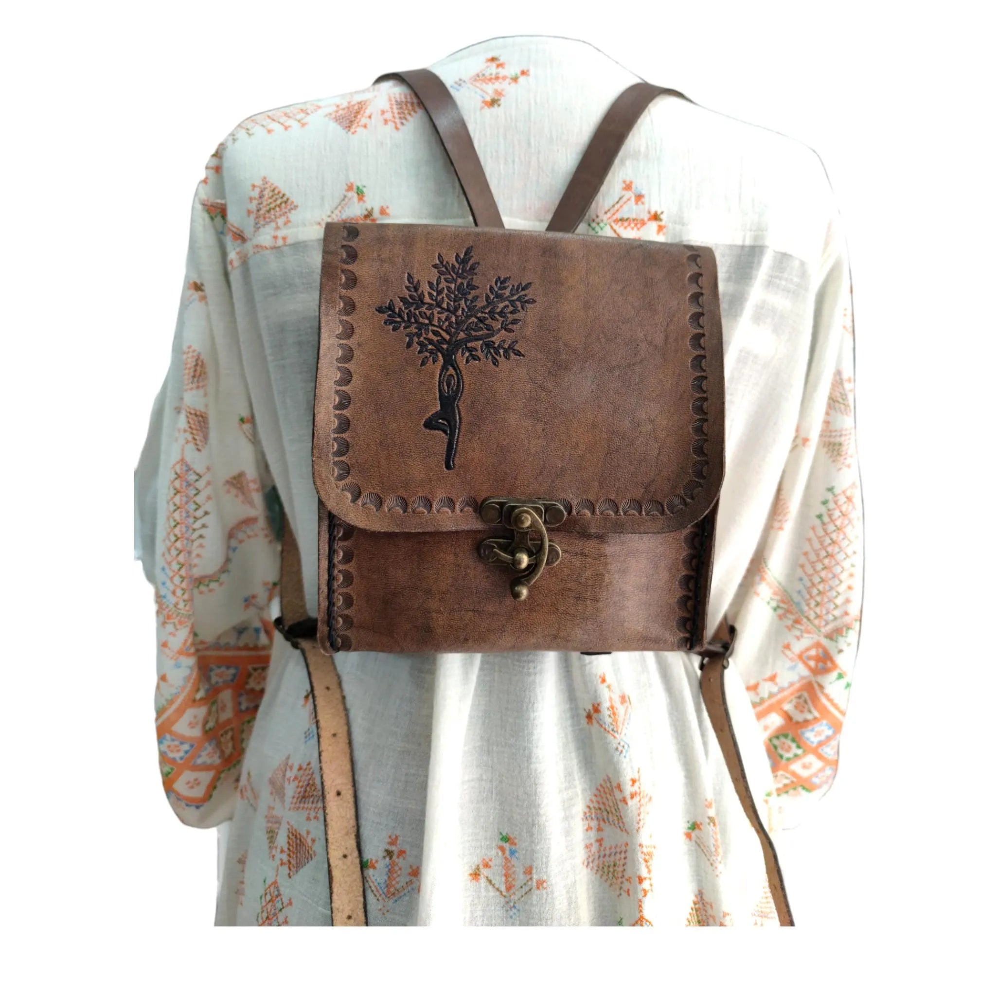 Tree of Life Leather Bag | Hand Painted Mini Backpack | Small Boho Rucksack | Vintage Nature Motif | Full Grain Cowhide