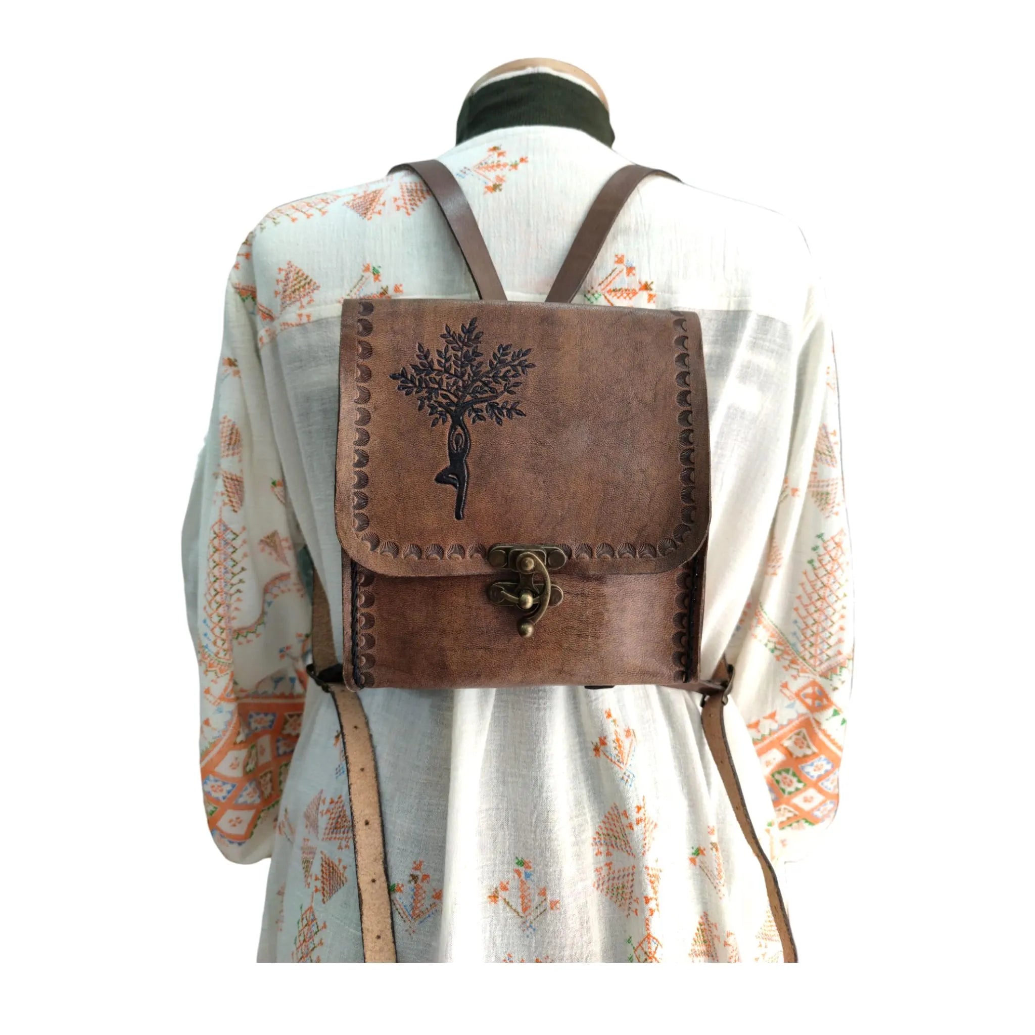 Tree of Life Leather Bag | Hand Painted Mini Backpack | Small Boho Rucksack | Vintage Nature Motif | Full Grain Cowhide