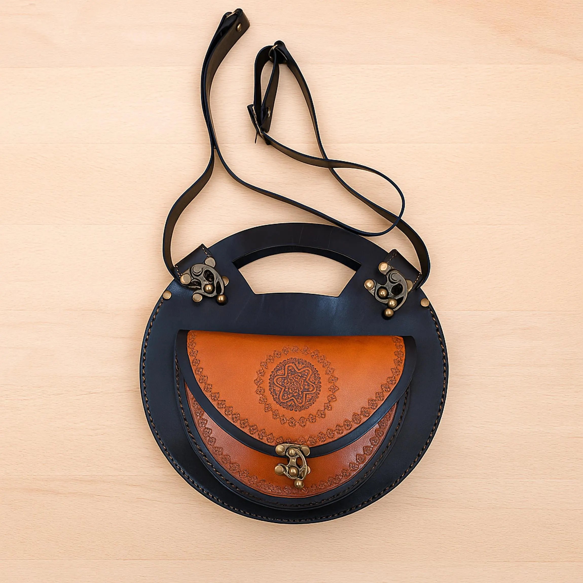 Turkish Floral Bag | Round Leather Crossbody | Pyrography Art Canteen Circle Satchel | Tooled Boho Messenger | Veg-Tan Full Grain