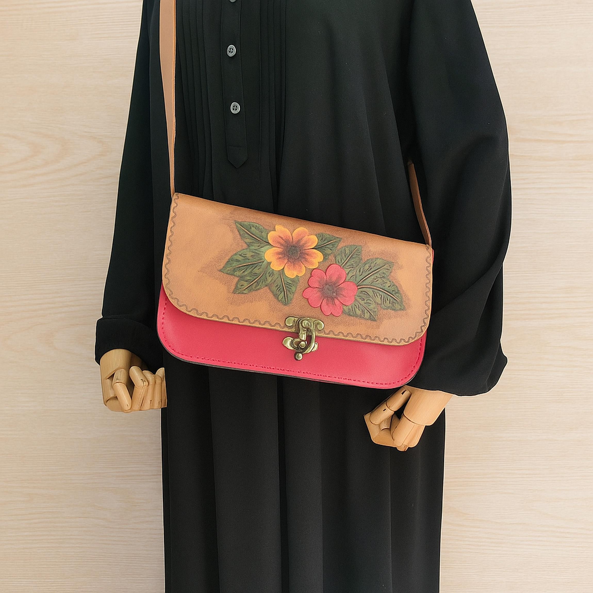 Red Floral Leather Crossbody Bag | Hand-Tooled Boho Shoulder Bag | One of a Kind Painted Artisan Satchel | Veg-Tan Full Grain