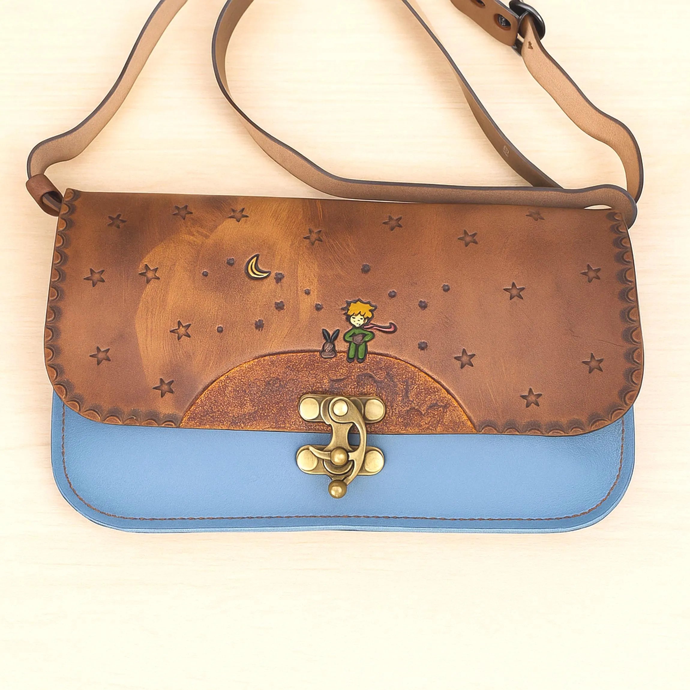 Little Prince Leather Messenger Bag | Blue Flap Fox Hand Painted Tooled Crossbody | Le Petit Prince Literary Art Satchel | Veg-Tan Full Grain