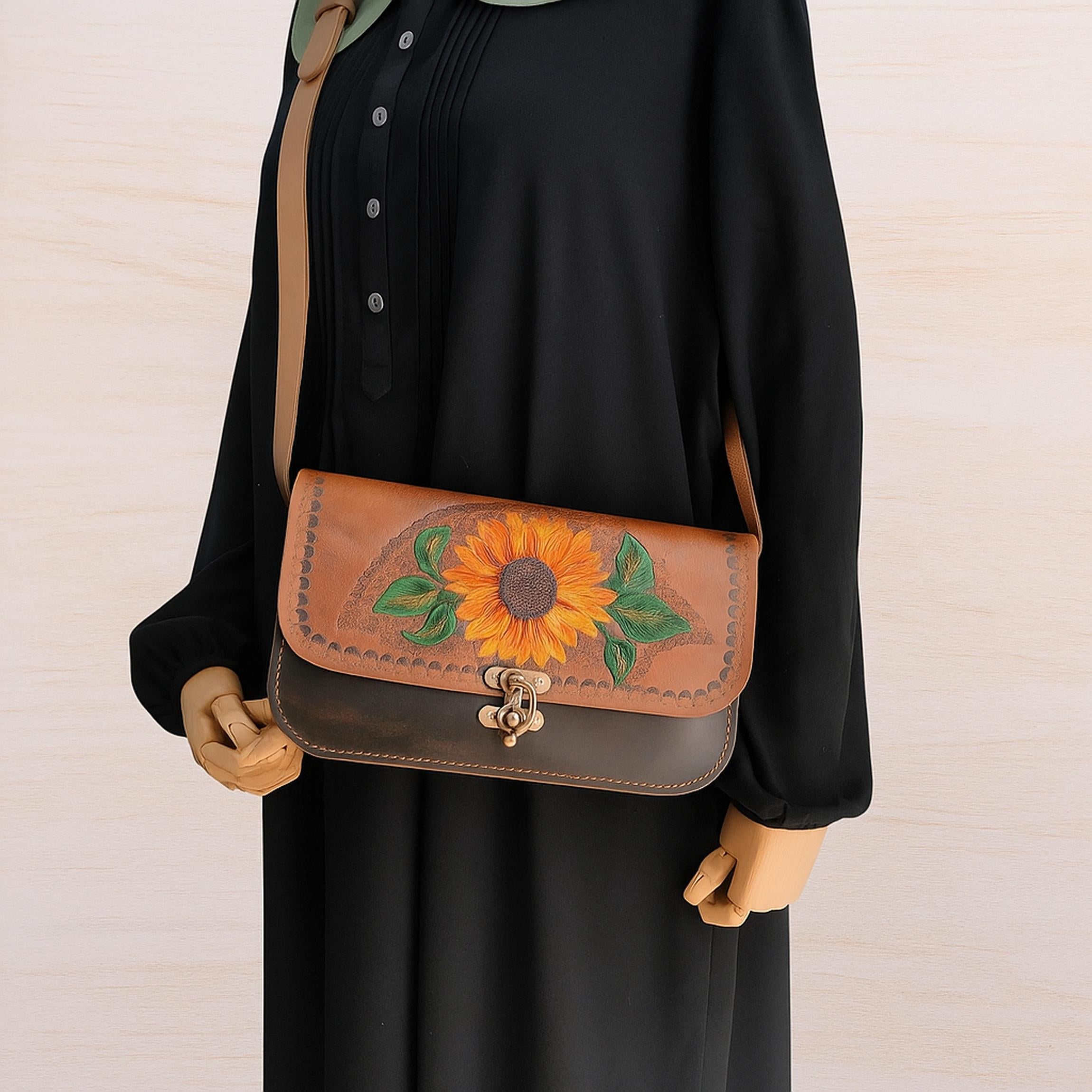 Sunflower Leather Bag | Handmade Tooled Crossbody | Floral Hand Painted Purse | Veg-Tan Full Grain | One of a Kind