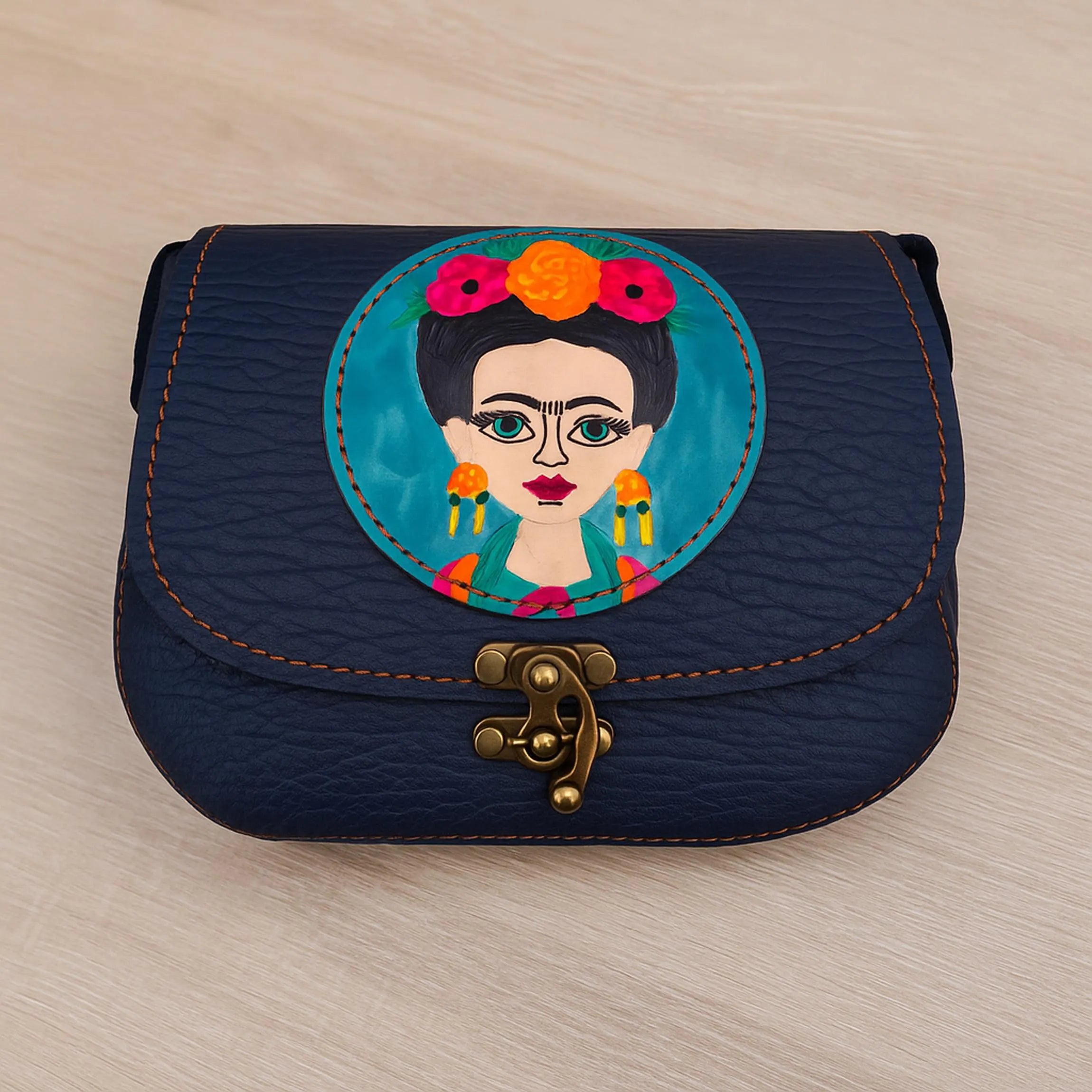 Frida Kahlo Hand Painted Leather Crossbody Bag | Mexican Portrait Satchel | Feminist Colorful Boho | Full Grain Cowhide | Small