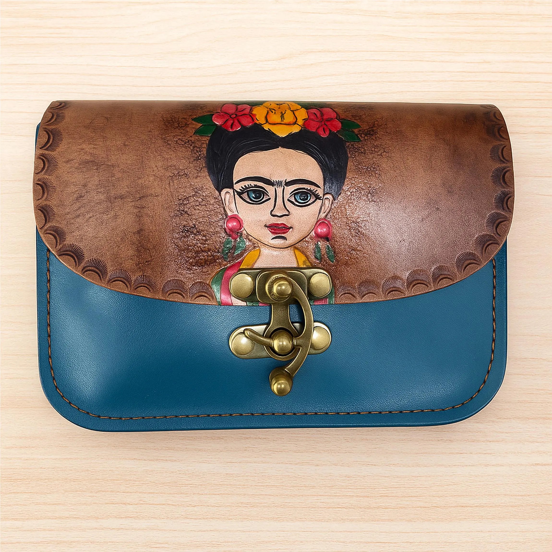 Frida Kahlo Hand Painted Leather Crossbody Bag | Mexican Portrait Satchel | Feminist Colorful Boho | Full Grain Cowhide | Small