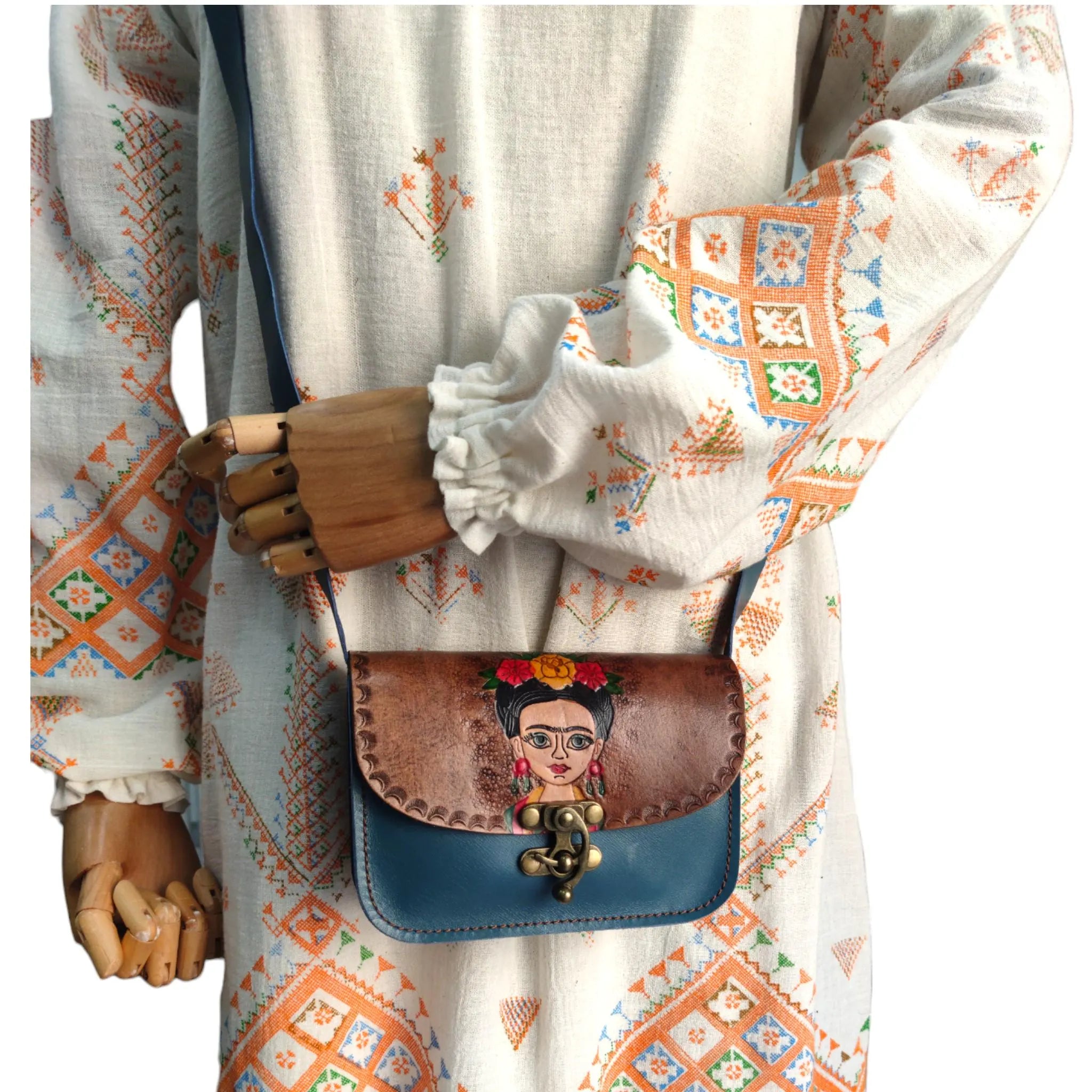 Frida Kahlo Hand Painted Leather Crossbody Bag | Mexican Portrait Satchel | Feminist Colorful Boho | Full Grain Cowhide | Small