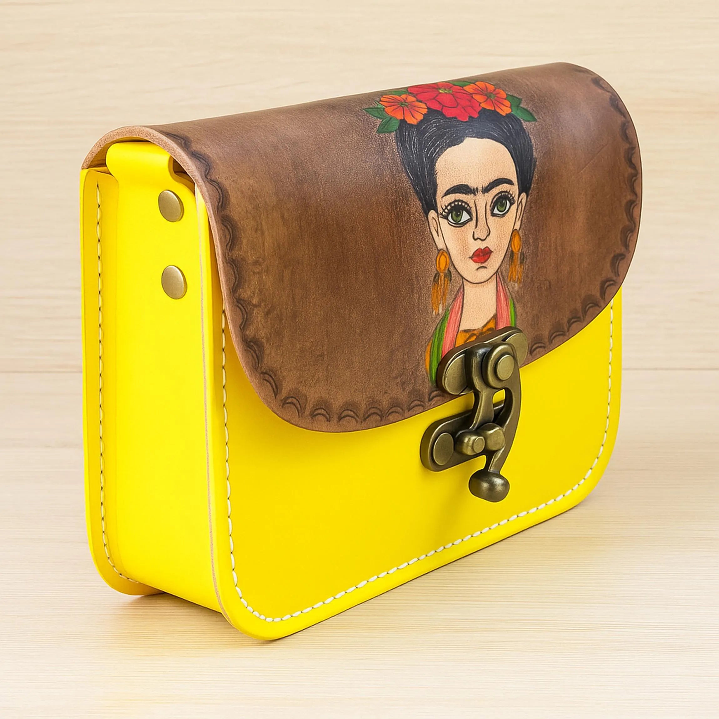 Frida Kahlo Hand Painted Leather Crossbody Bag | Mexican Portrait Satchel | Feminist Colorful Boho | Full Grain Cowhide | Small