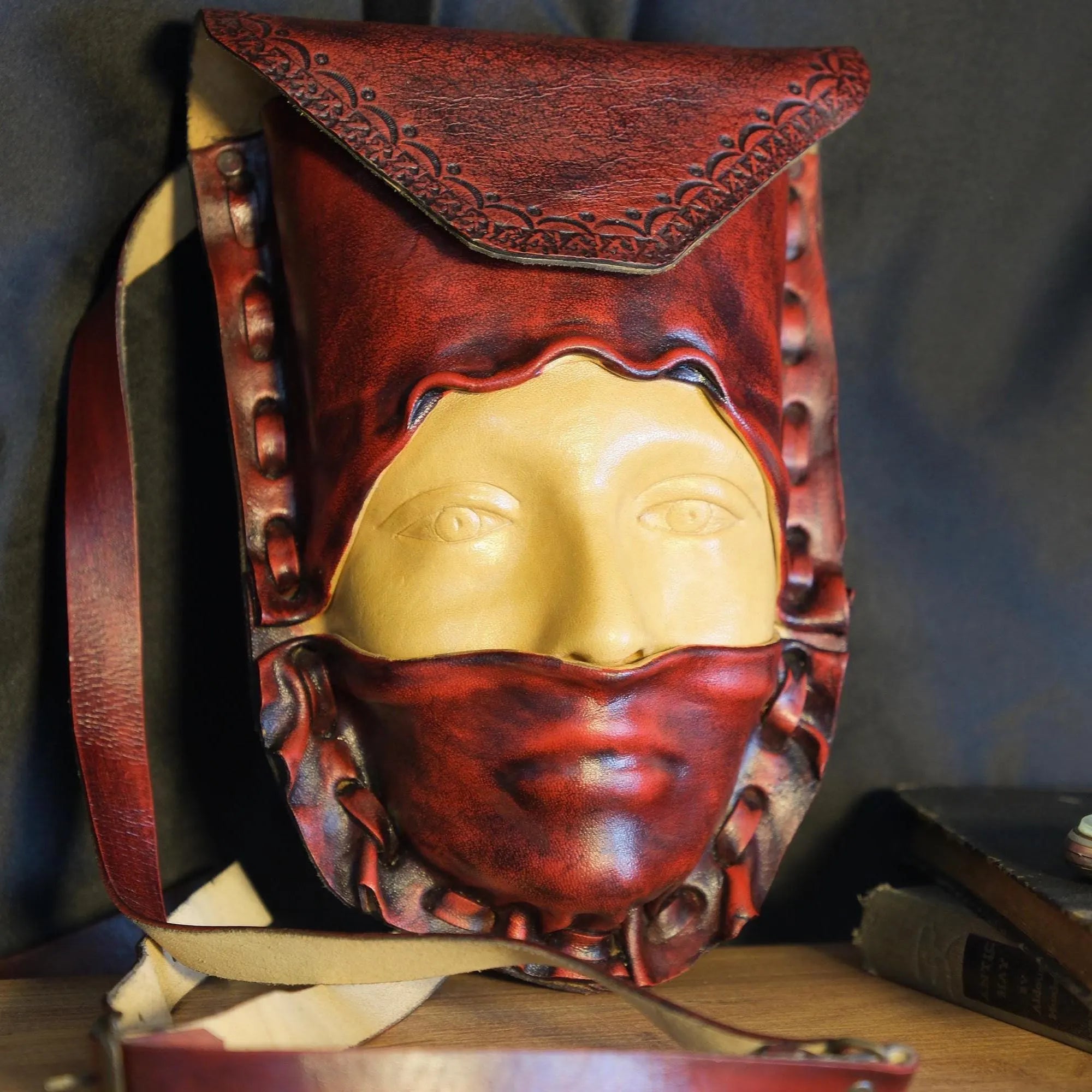 Leather Face Bag | 3D Sculpted Mask | Hand Painted Crossbody | Avant Garde Steampunk Gothic Art | Full Grain Leather