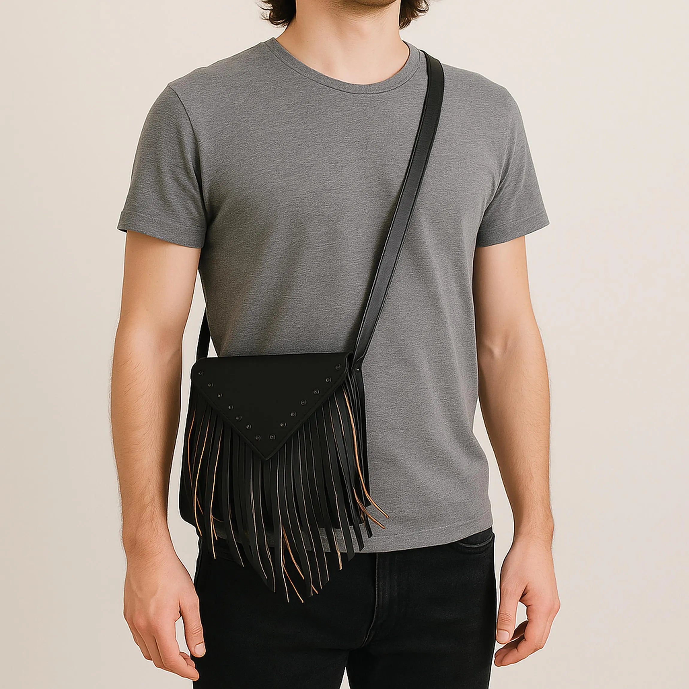 Hand Fringed Leather Crossbody Bag | Studded Boho Western Tassel Satchel