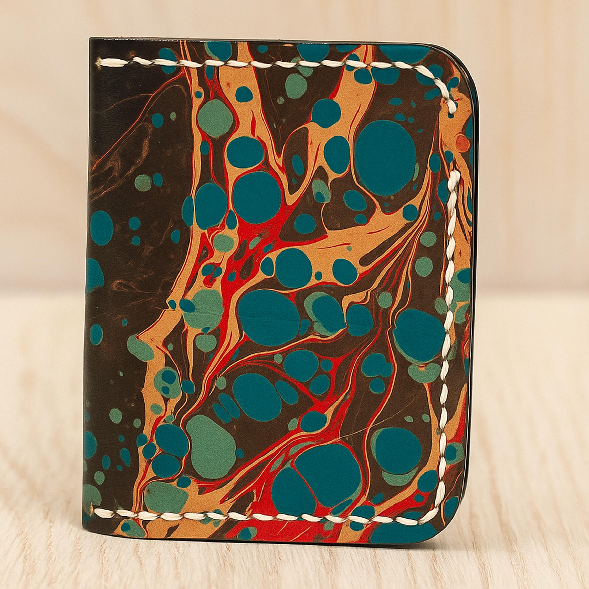 Turkish Ebru Wallet | Handmade Marbling Art Bifold | Vegetable Tanned Full Grain Cowhide | Slim Marbled Pattern | Hand Painted
