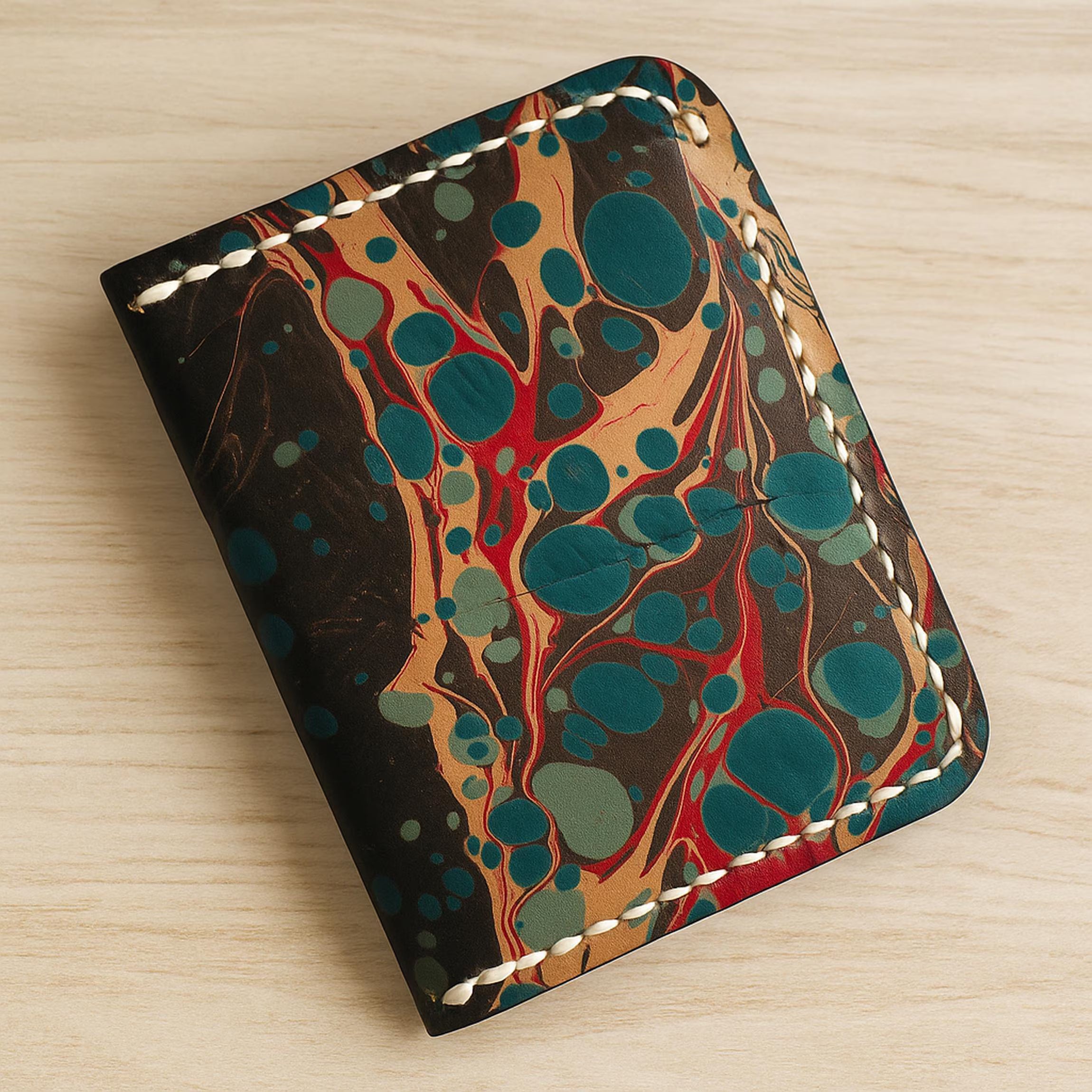 Turkish Ebru Wallet | Handmade Marbling Art Bifold | Vegetable Tanned Full Grain Cowhide | Slim Marbled Pattern | Hand Painted