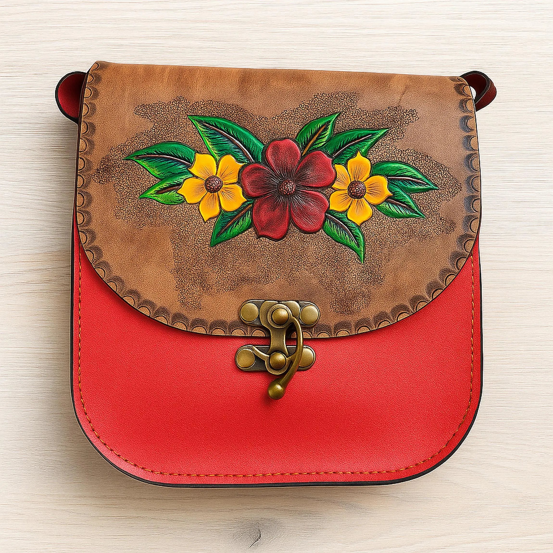 Burgundy Floral Leather Bag | Hand-Tooled Crossbody Satchel | Pyrography Painted Purse | Boho Botanical Carved Vintage | Veg-Tan Full Grain