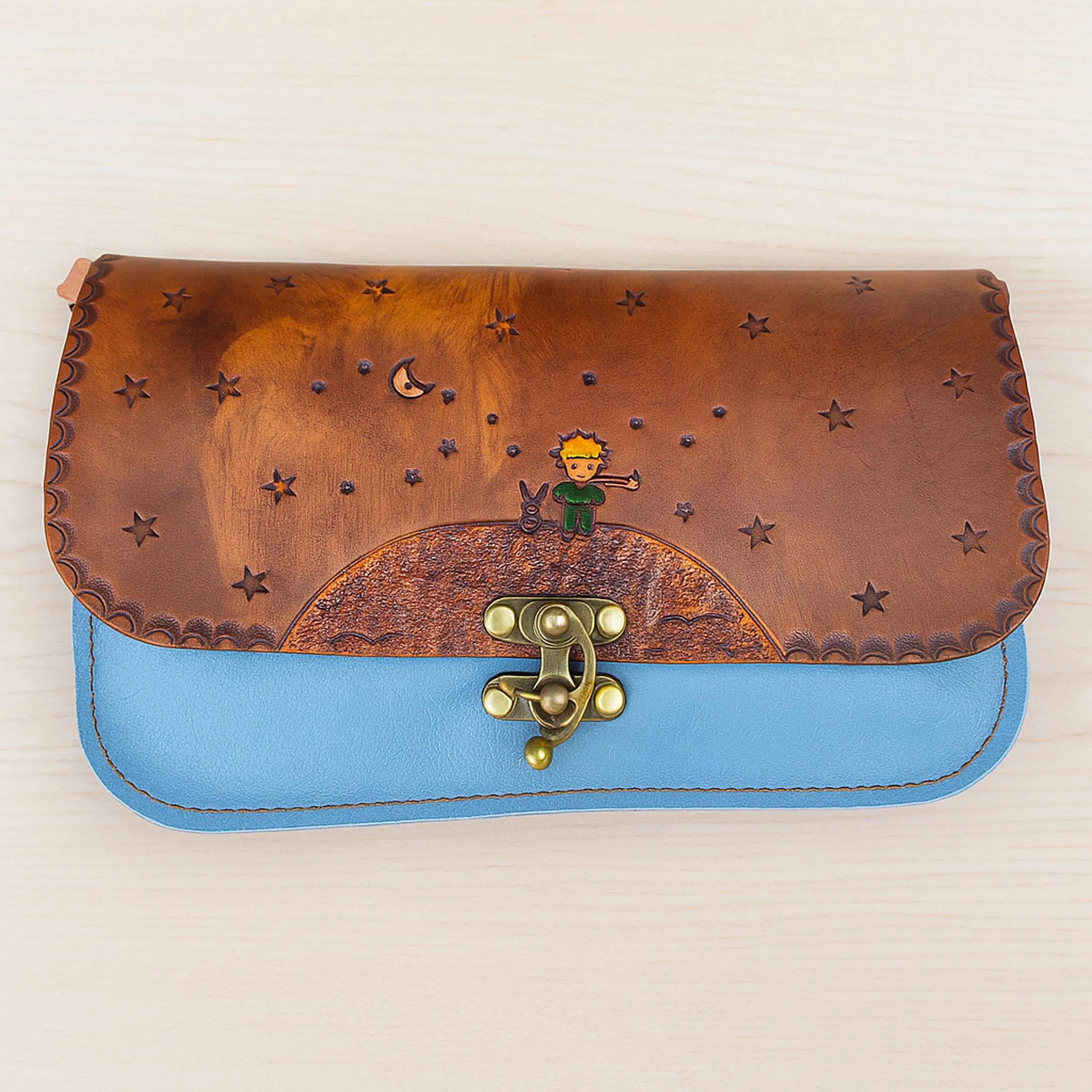 Little Prince Leather Messenger Bag | Blue Flap Fox Hand Painted Tooled Crossbody | Le Petit Prince Literary Art Satchel | Veg-Tan Full Grain