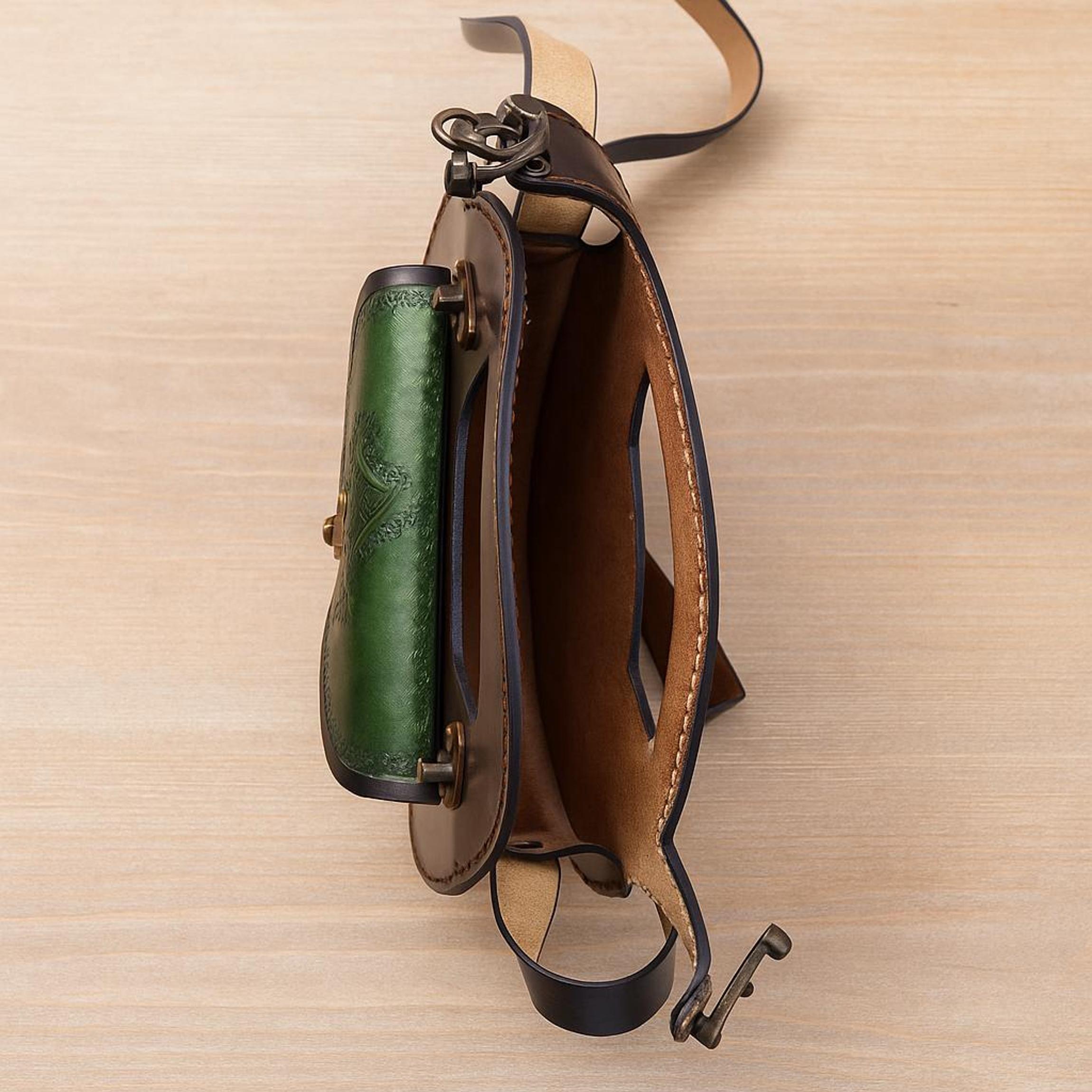 Owl Leather Crossbody Bag | Pyrography Bird Motif | Forest Green Tooled Messenger | Dark Academia Handmade | Veg-Tan Full Grain
