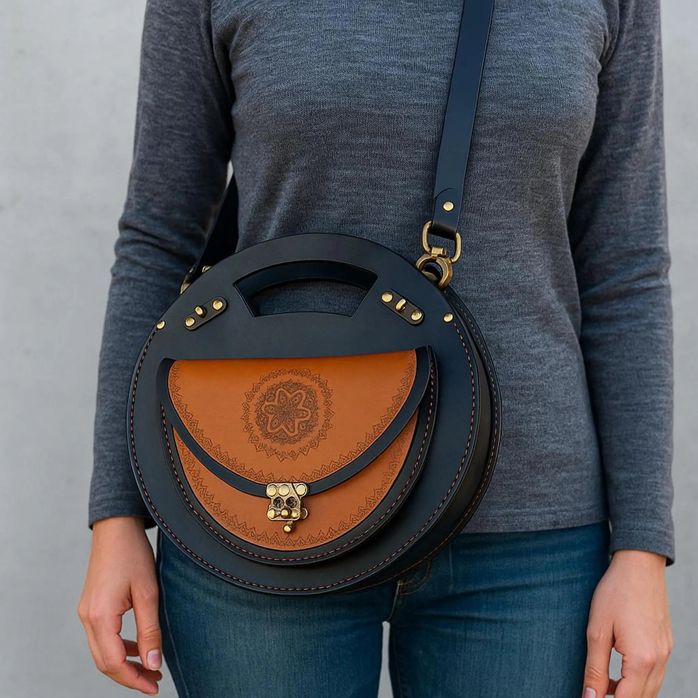 Turkish Floral Bag | Round Leather Crossbody | Pyrography Art Canteen Circle Satchel | Tooled Boho Messenger | Veg-Tan Full Grain