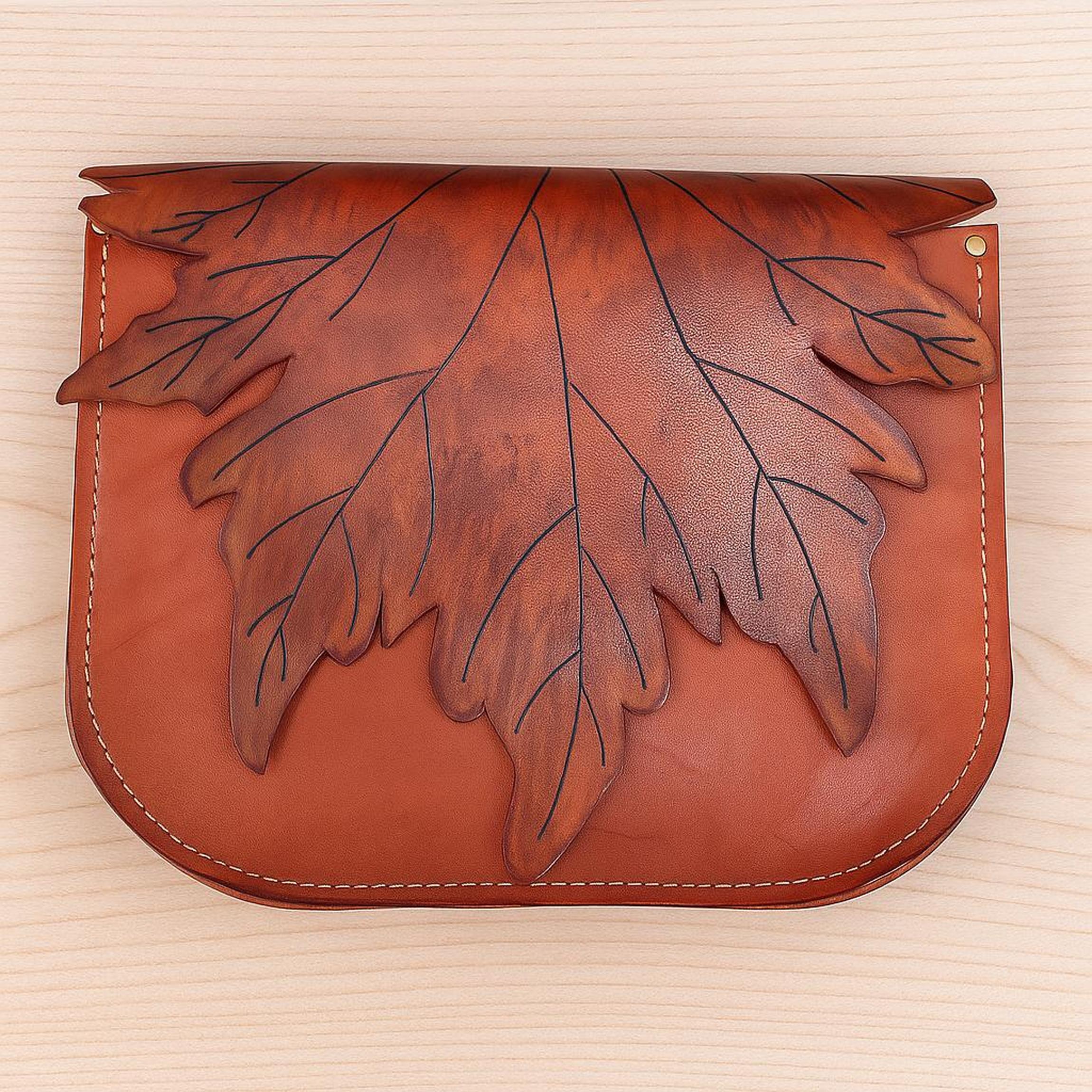Maple Leaf Leather Crossbody Bag | Cottagecore Messenger Satchel | Botanical Forest Fairy | Autumn Brown | Full Grain Veg-Tan