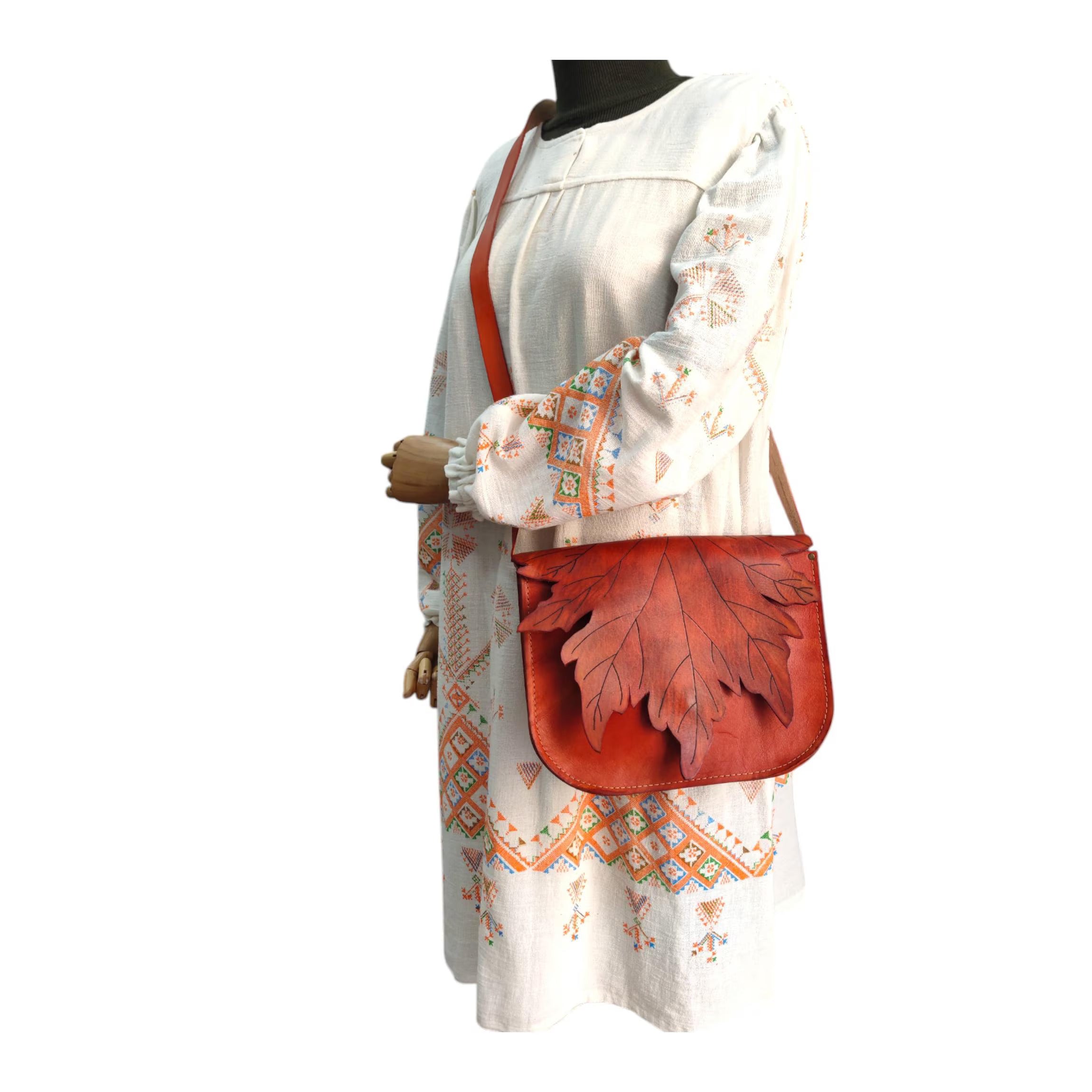 Maple Leaf Leather Crossbody Bag | Cottagecore Messenger Satchel | Botanical Forest Fairy | Autumn Brown | Full Grain Veg-Tan