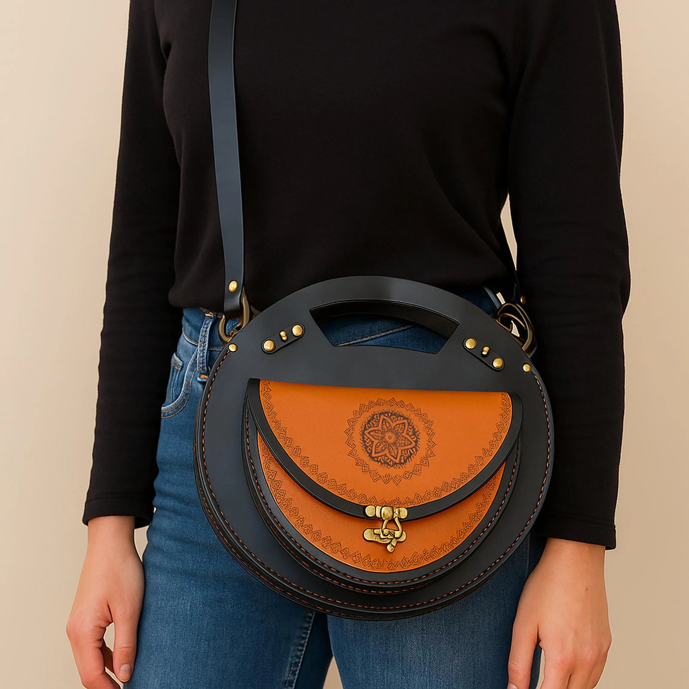 Turkish Floral Bag | Round Leather Crossbody | Pyrography Art Canteen Circle Satchel | Tooled Boho Messenger | Veg-Tan Full Grain