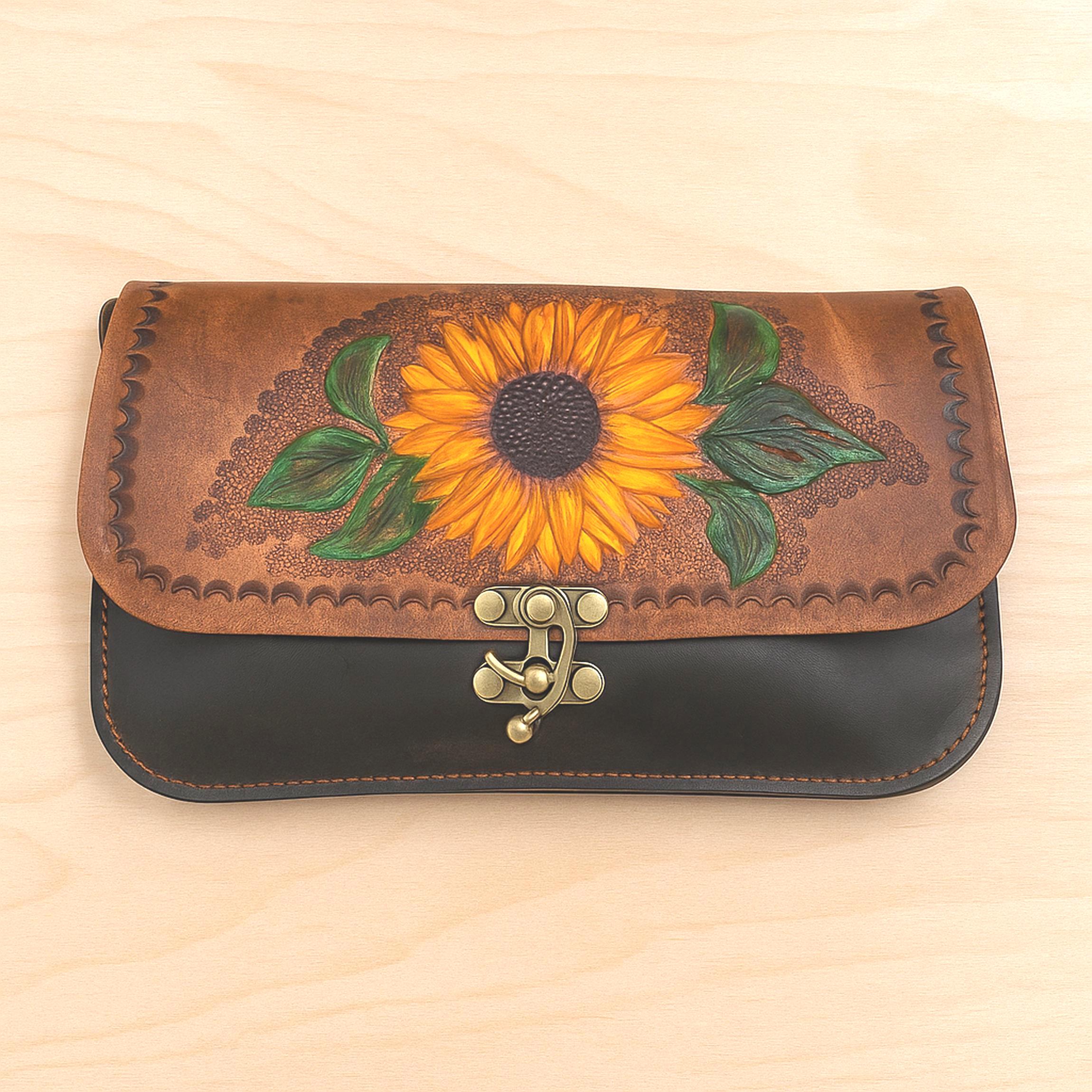 Sunflower Leather Bag | Handmade Tooled Crossbody | Floral Hand Painted Purse | Veg-Tan Full Grain | One of a Kind