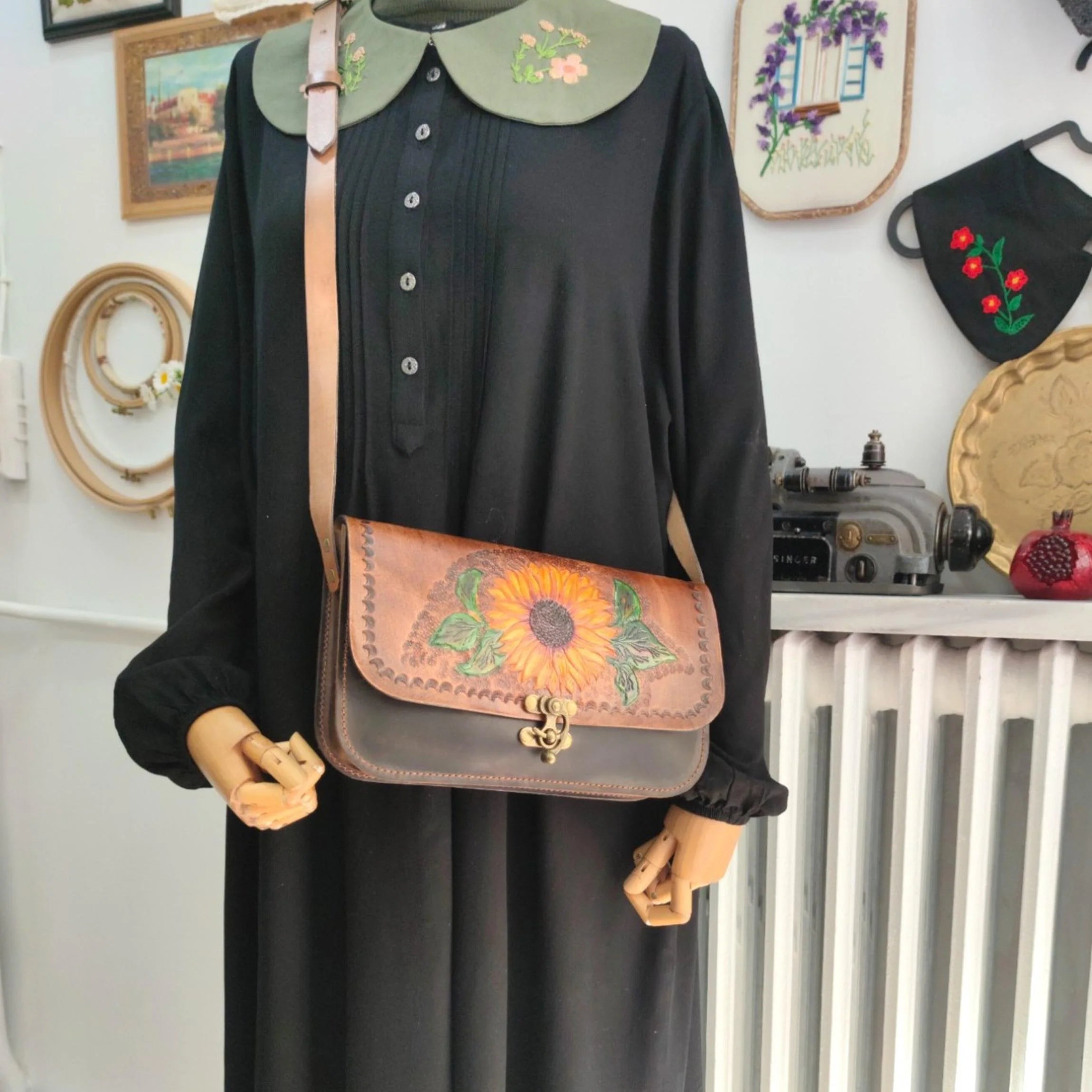 Sunflower Leather Bag | Handmade Tooled Crossbody | Floral Hand Painted Purse | Veg-Tan Full Grain | One of a Kind