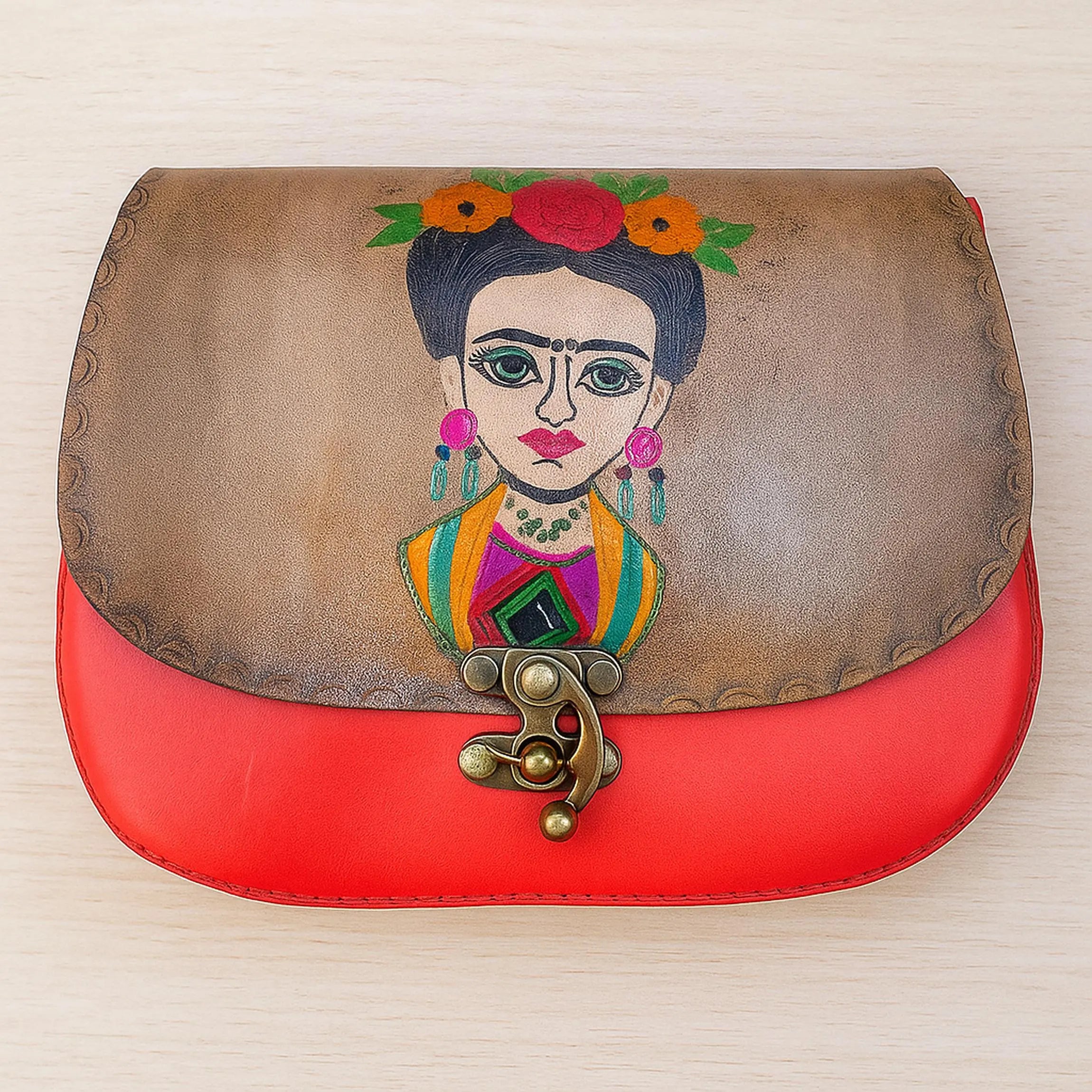 Frida Kahlo Hand Painted Leather Crossbody Bag | Mexican Portrait Satchel | Feminist Colorful Boho | Full Grain Cowhide | Small