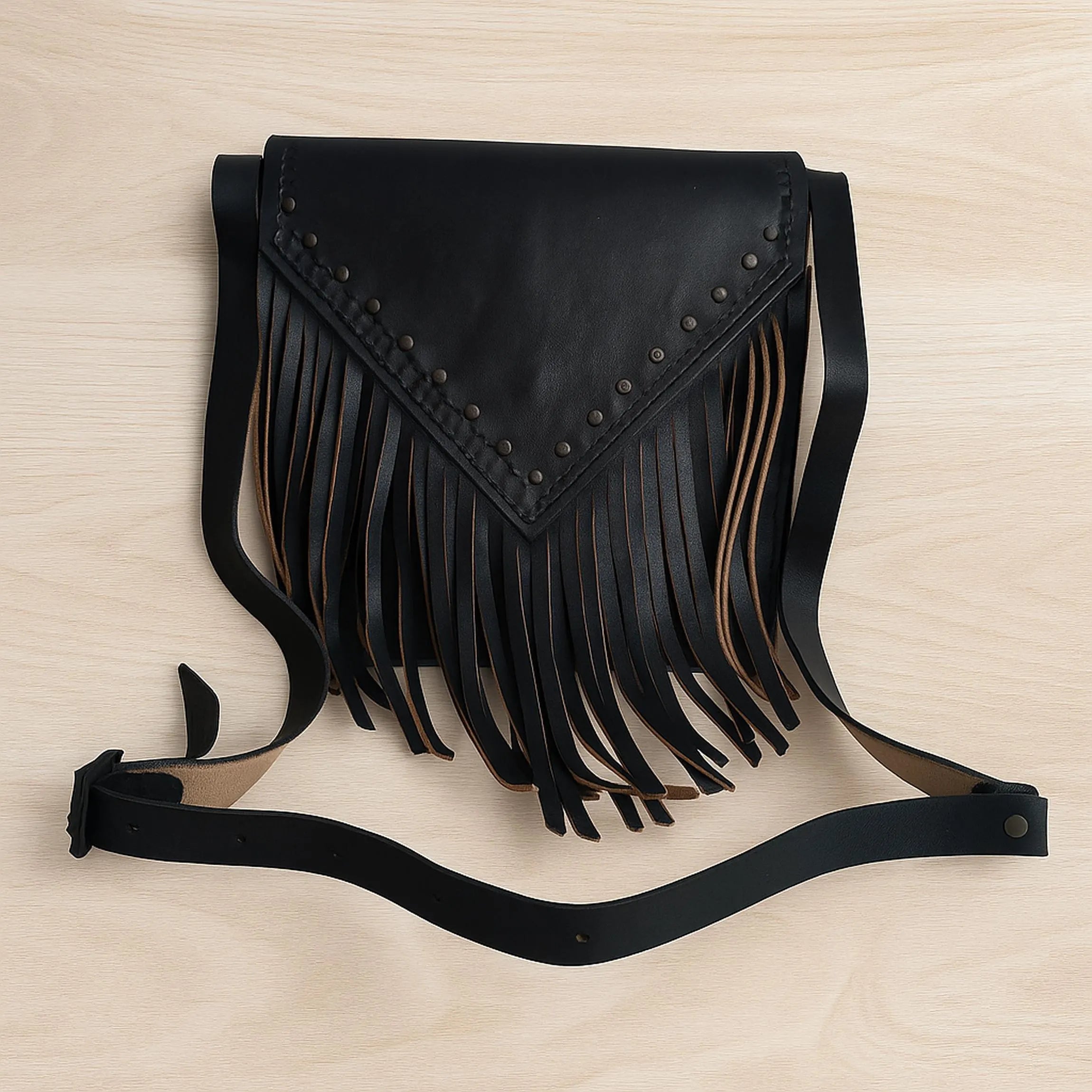 Hand Fringed Leather Crossbody Bag | Studded Boho Western Tassel Satchel
