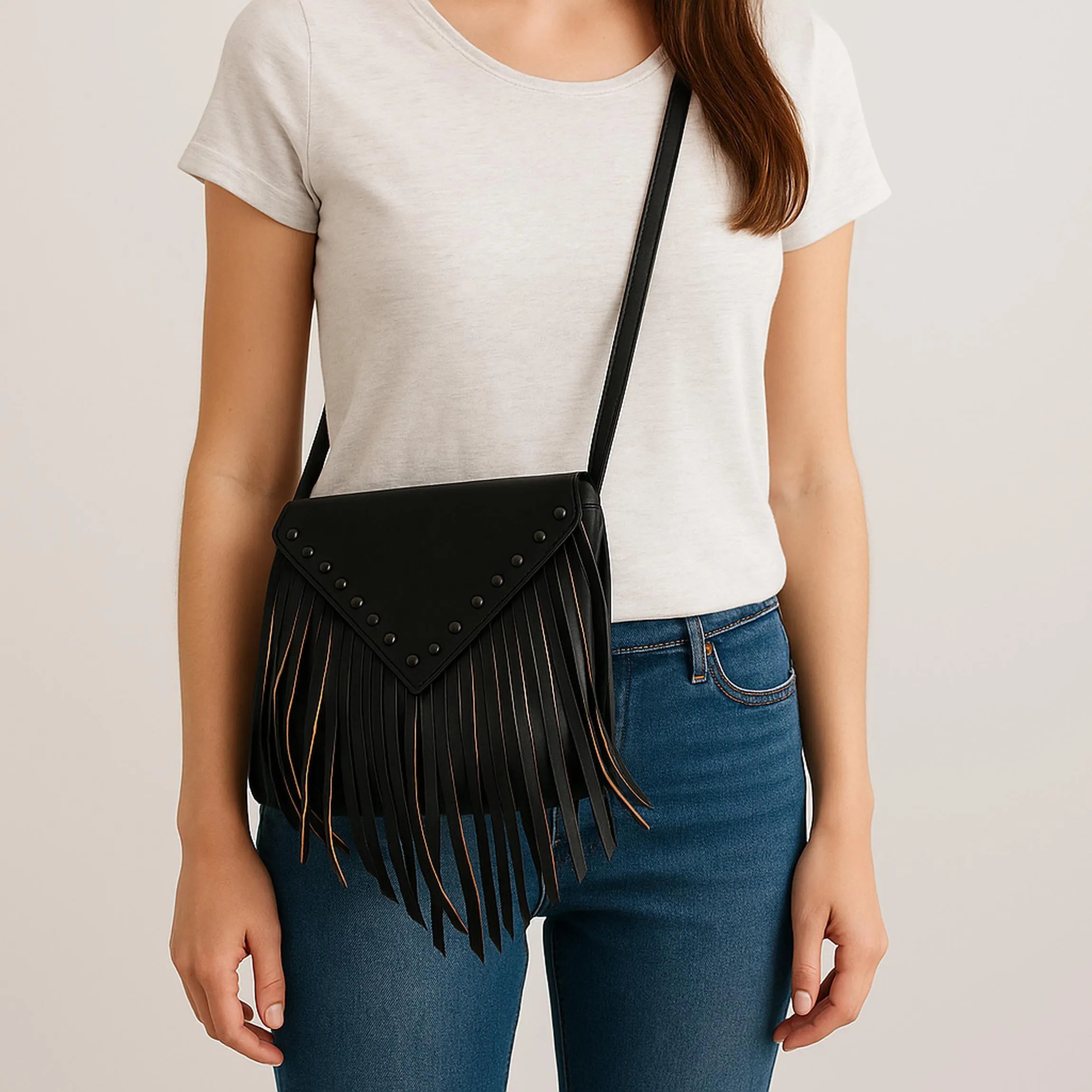 Hand Fringed Leather Crossbody Bag | Studded Boho Western Tassel Satchel
