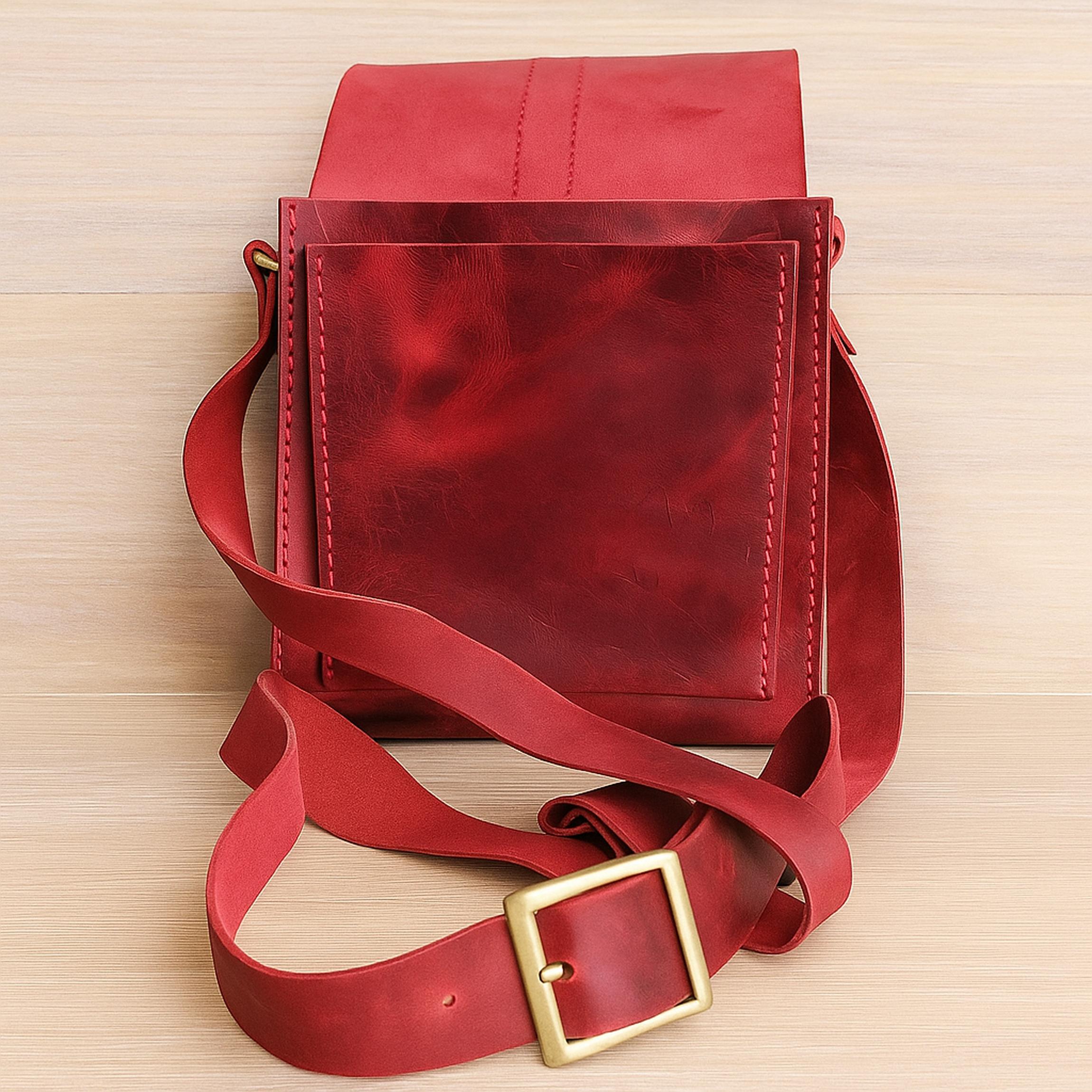 Colorful Leather Bag | Artisan Hand-Dyed Satchel | Vintage Crossbody | Square Boho Pouch | Veg-Tan Full Grain | Green Red Maroon