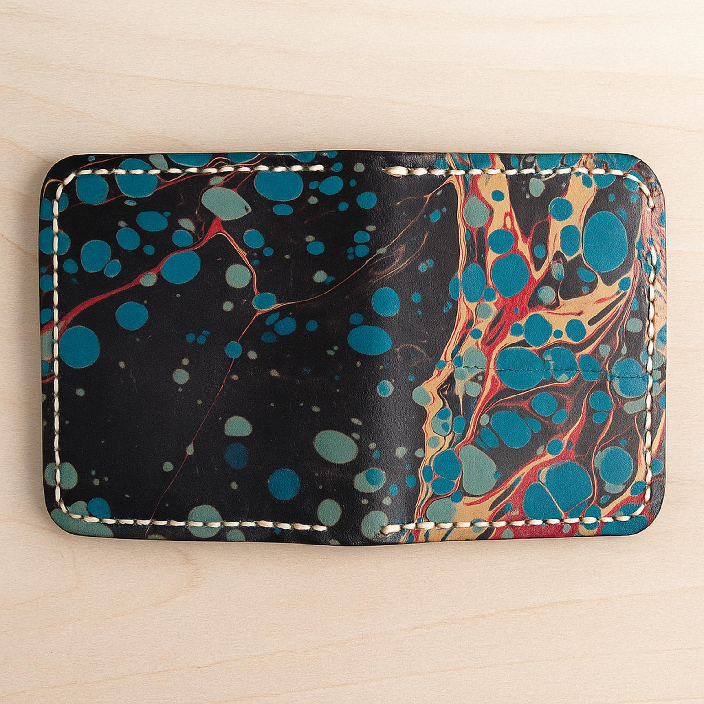 Turkish Ebru Wallet | Handmade Marbling Art Bifold | Vegetable Tanned Full Grain Cowhide | Slim Marbled Pattern | Hand Painted