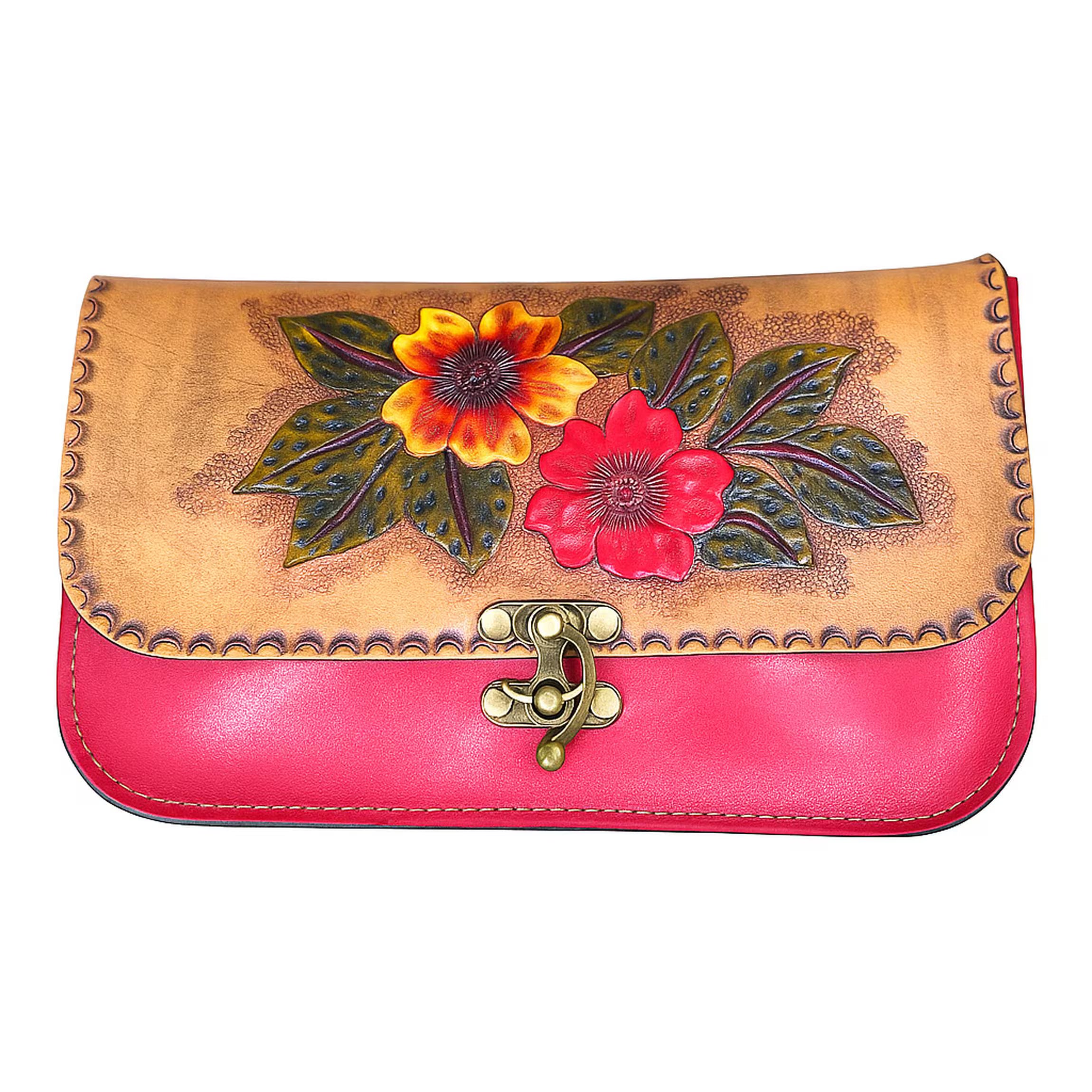 Red Floral Leather Crossbody Bag | Hand-Tooled Boho Shoulder Bag | One of a Kind Painted Artisan Satchel | Veg-Tan Full Grain