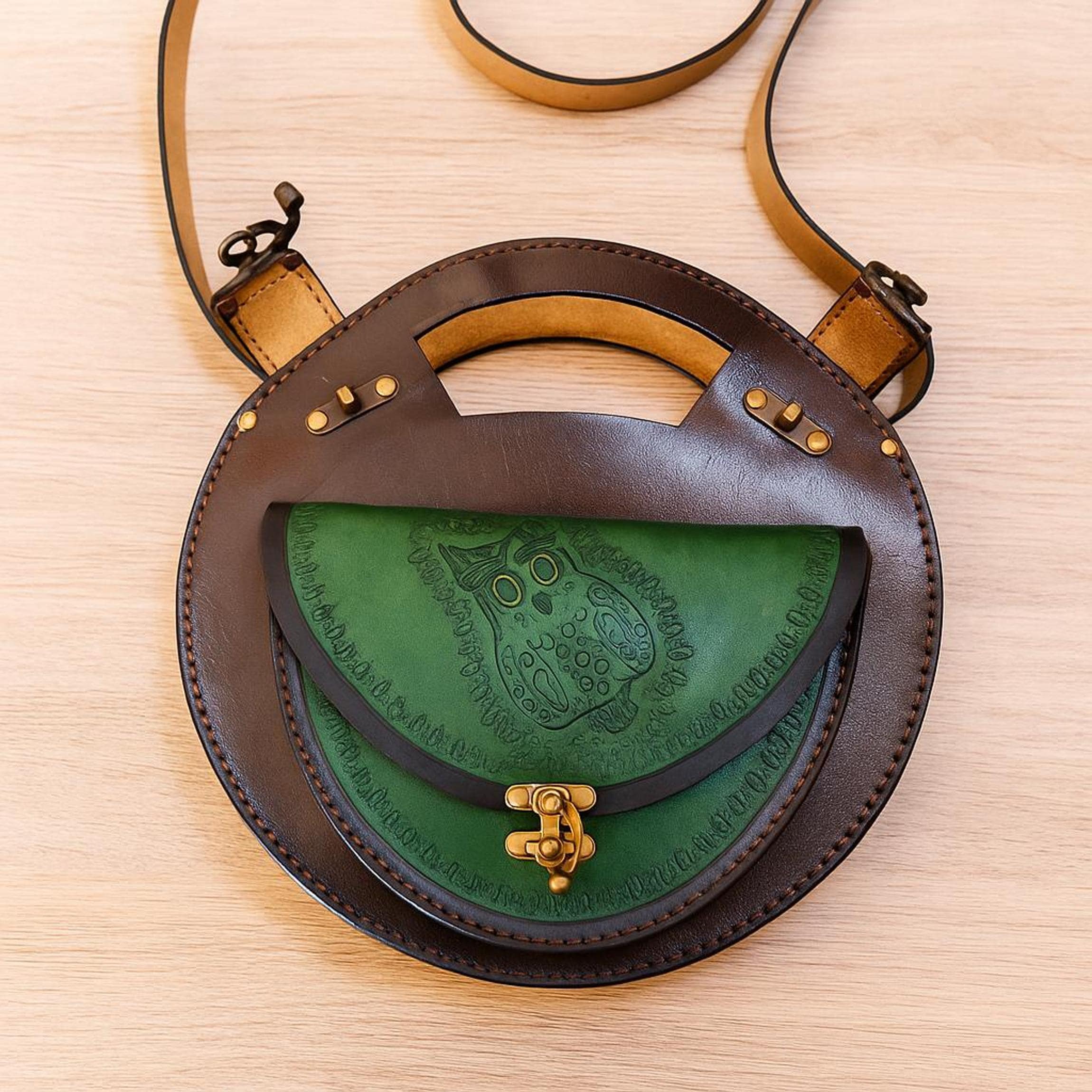 Owl Leather Crossbody Bag | Pyrography Bird Motif | Forest Green Tooled Messenger | Dark Academia Handmade | Veg-Tan Full Grain
