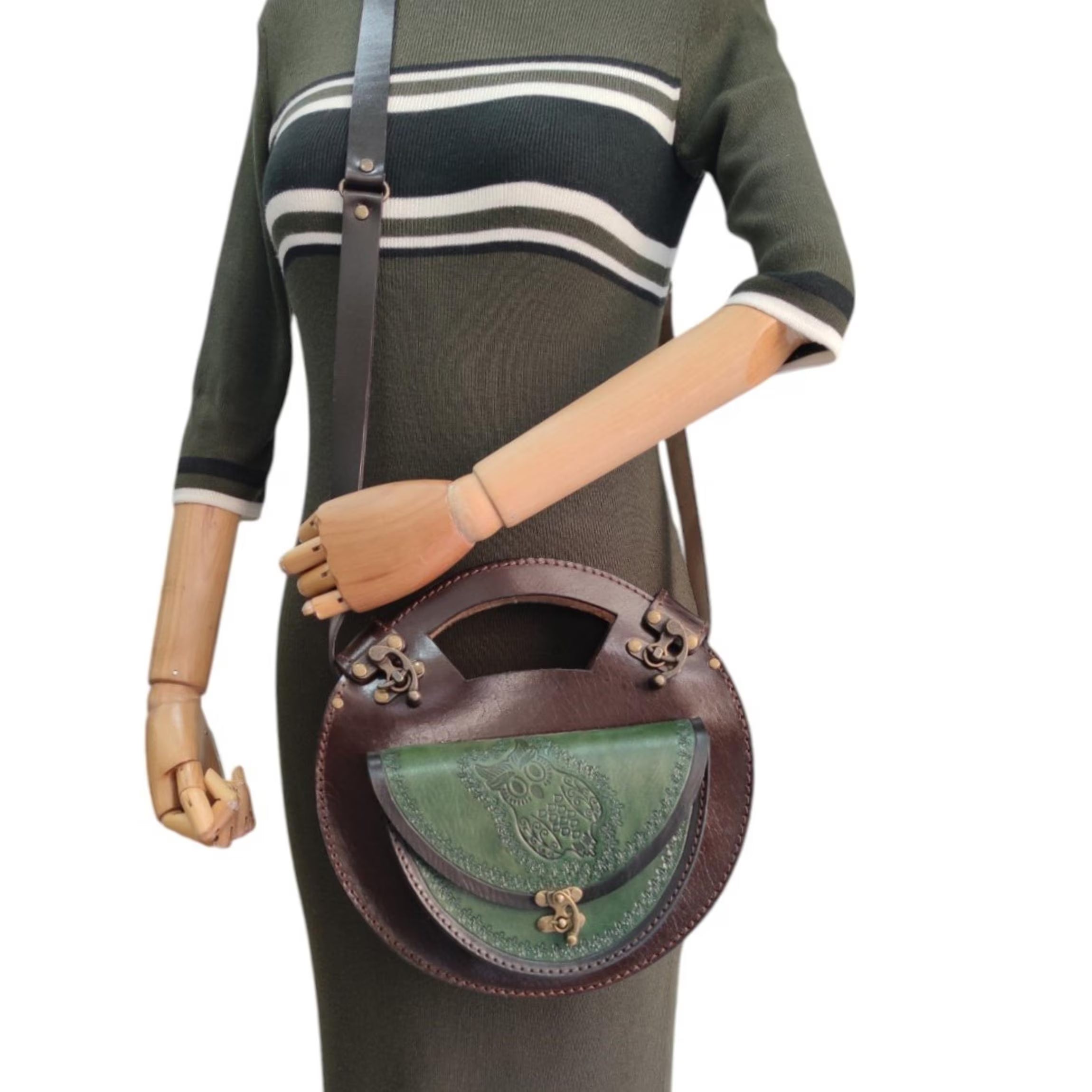 Owl Leather Crossbody Bag | Pyrography Bird Motif | Forest Green Tooled Messenger | Dark Academia Handmade | Veg-Tan Full Grain