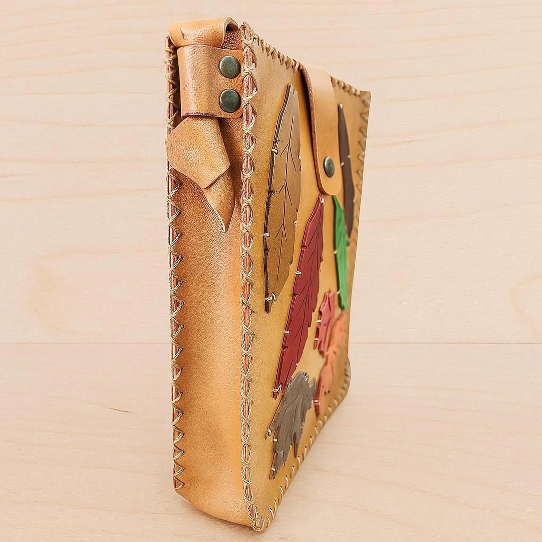 Leaf Patchwork Leather Crossbody Bag | Botanical Appliqué Satchel | Boho Festival Nature Forest | Full Grain Tan Cowhide