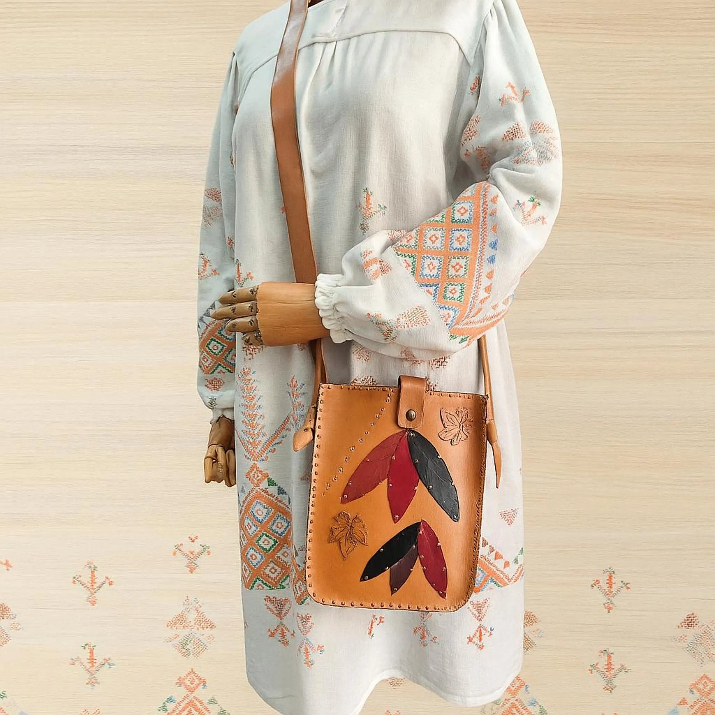 Leaf Patchwork Leather Crossbody Bag | Botanical Appliqué Satchel | Boho Festival Nature Forest | Full Grain Tan Cowhide