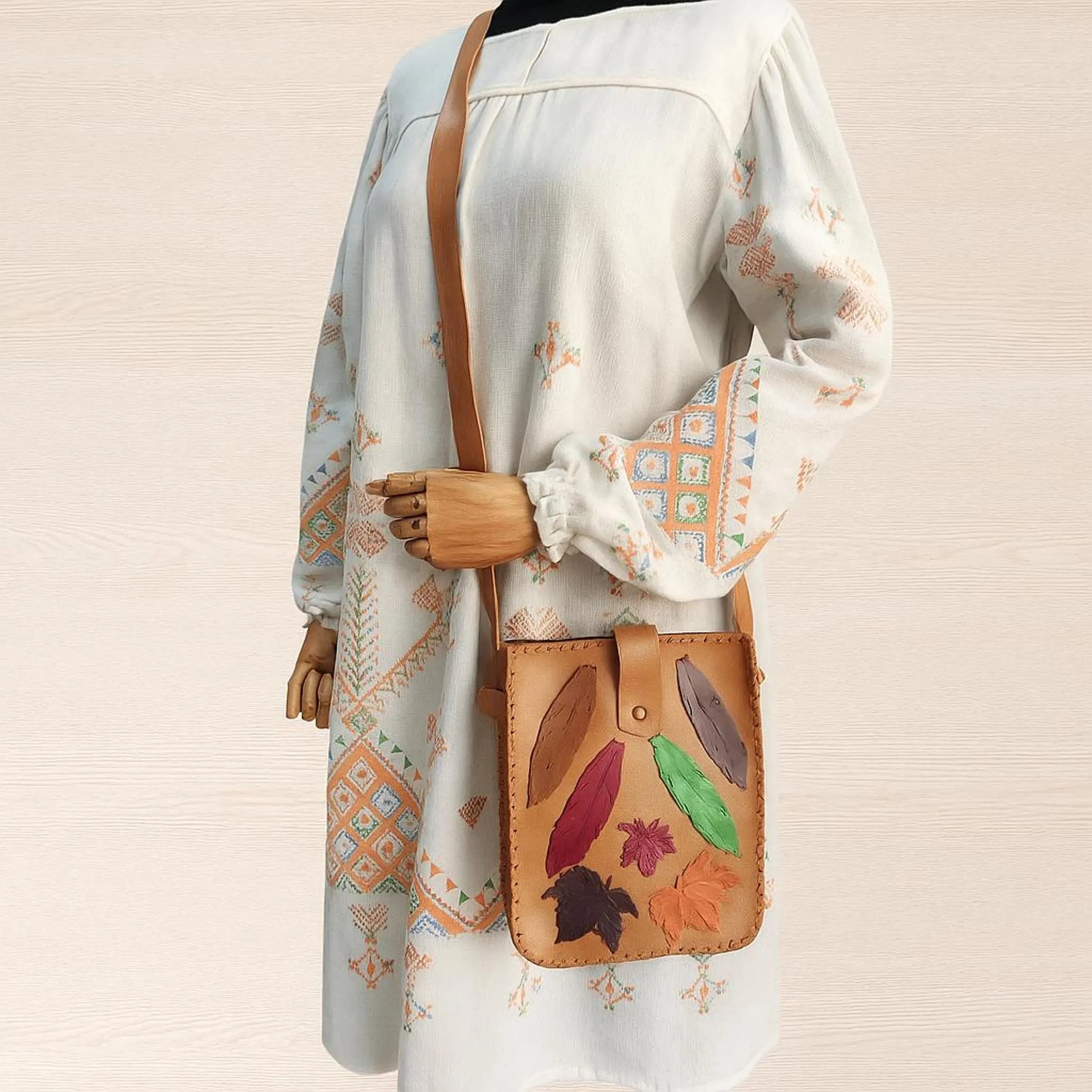 Leaf Patchwork Leather Crossbody Bag | Botanical Appliqué Satchel | Boho Festival Nature Forest | Full Grain Tan Cowhide