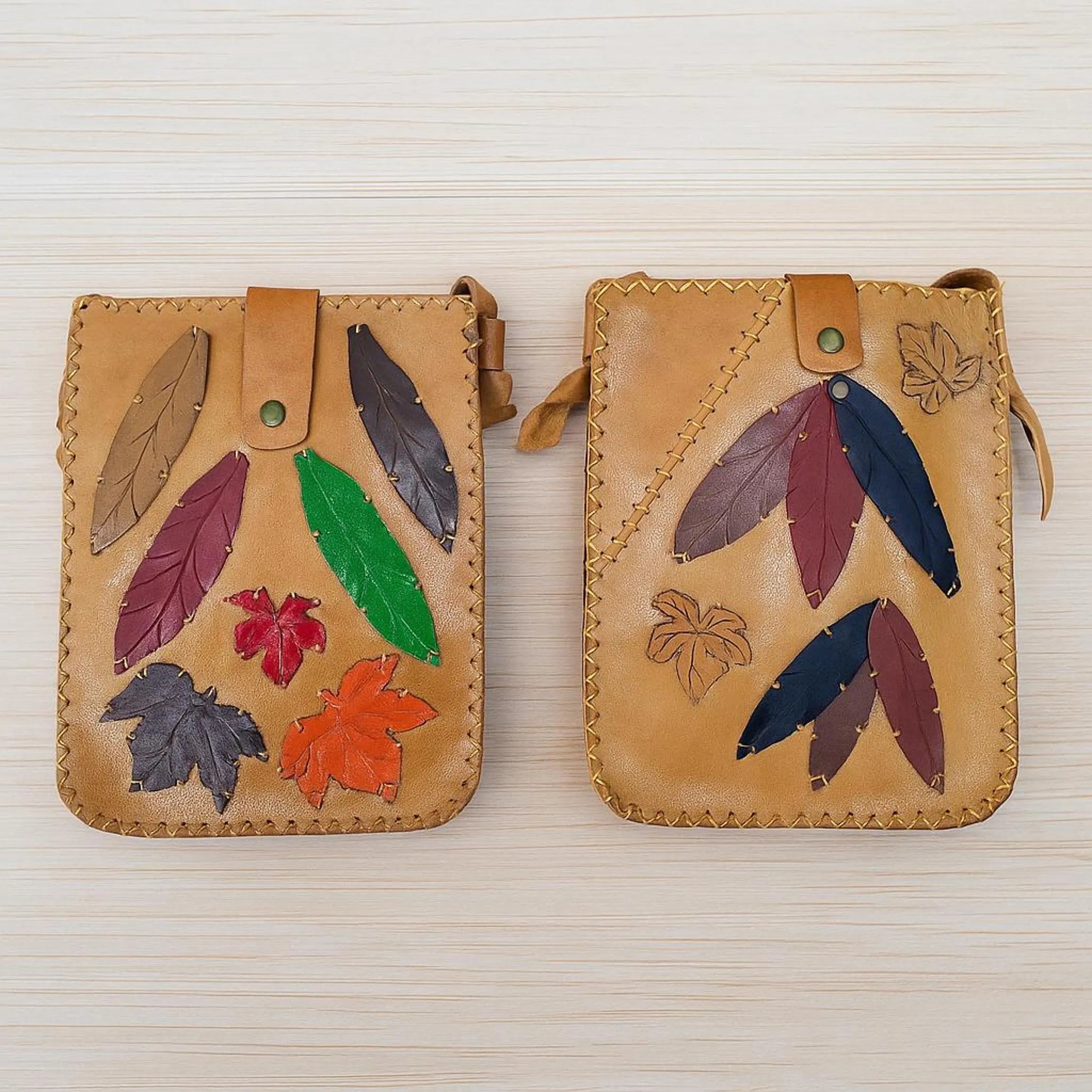 Leaf Patchwork Leather Crossbody Bag | Botanical Appliqué Satchel | Boho Festival Nature Forest | Full Grain Tan Cowhide