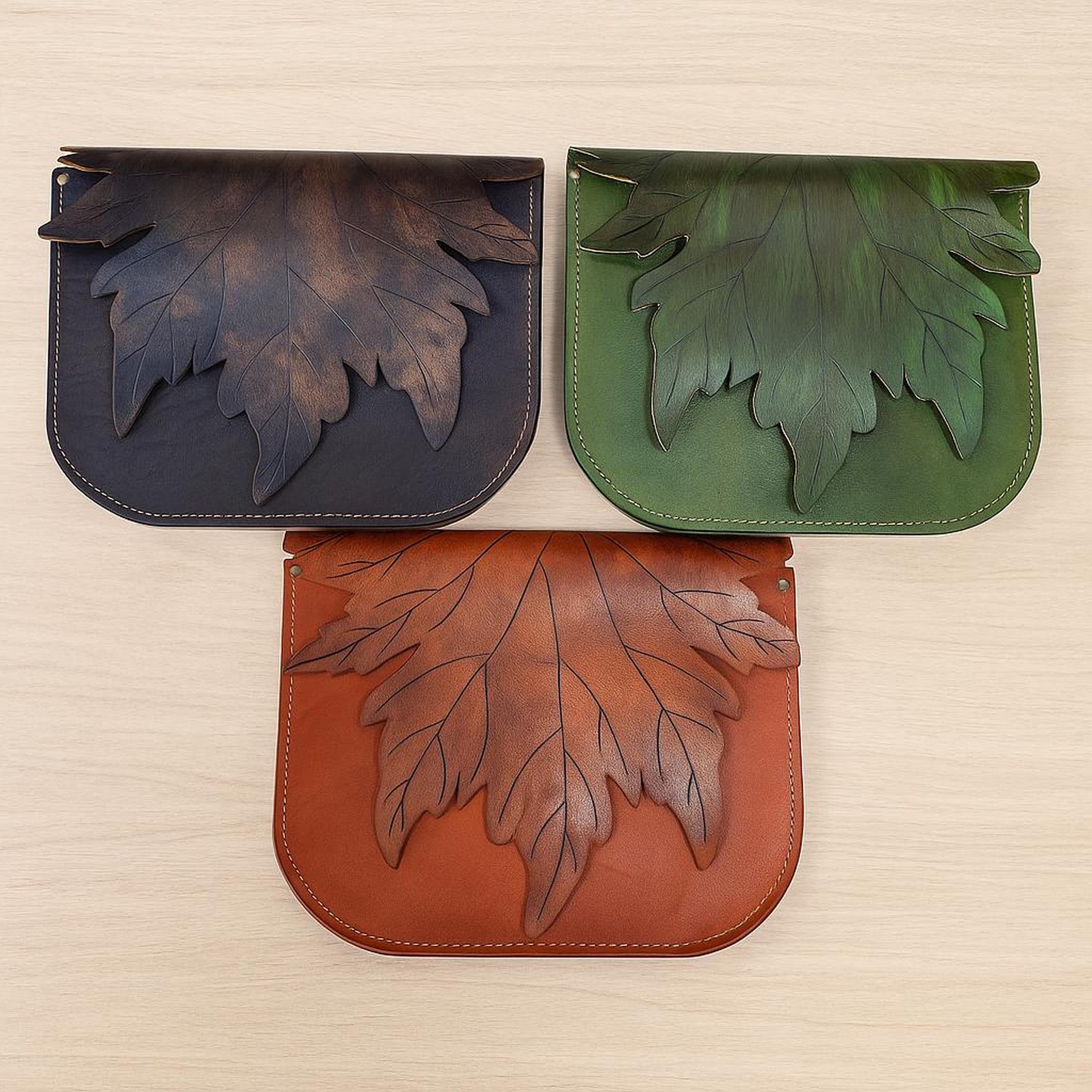 Maple Leaf Leather Crossbody Bag | Cottagecore Messenger Satchel | Botanical Forest Fairy | Autumn Brown | Full Grain Veg-Tan