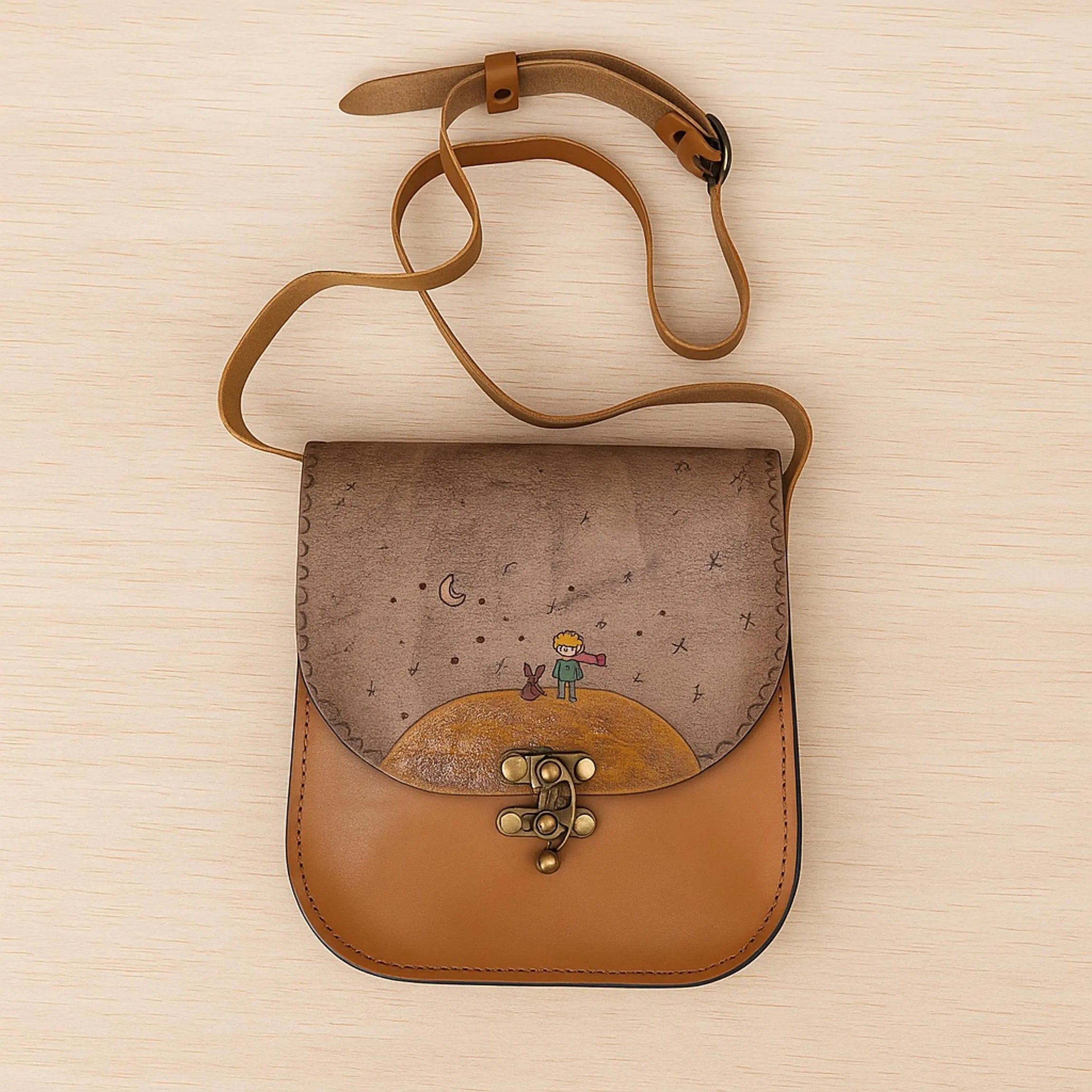 Little Prince Leather Messenger Bag | Le Petit Prince Literary Art Crossbody | Hand-Tooled Pyrography Satchel | Celestial Boho Dark Academia