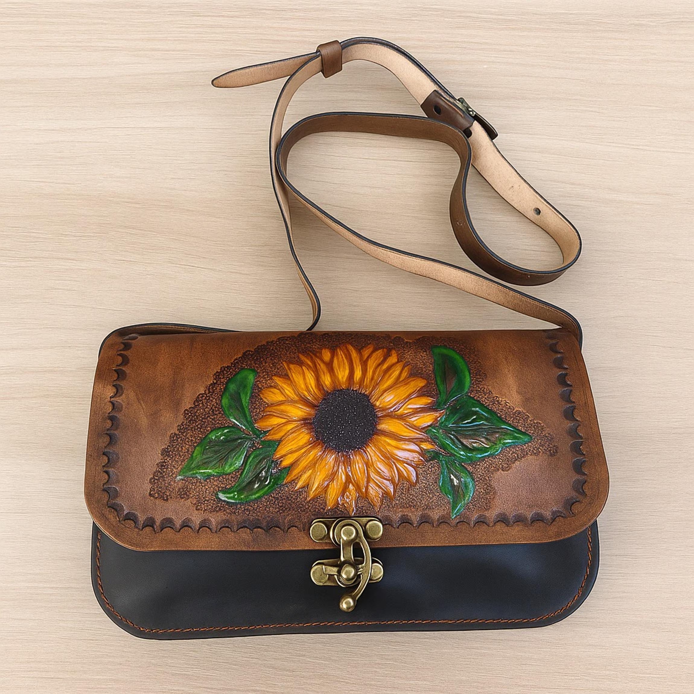 Sunflower Leather Bag | Handmade Tooled Crossbody | Floral Hand Painted Purse | Veg-Tan Full Grain | One of a Kind