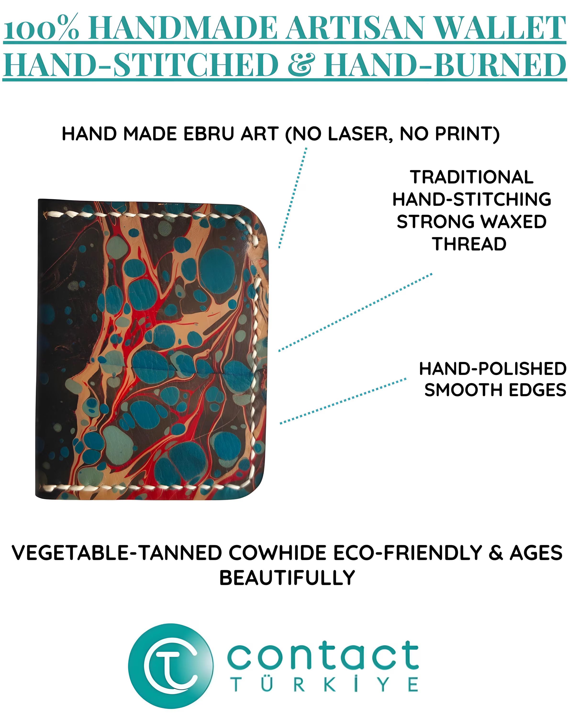 Turkish Ebru Wallet | Handmade Marbling Art Bifold | Vegetable Tanned Full Grain Cowhide | Slim Marbled Pattern | Hand Painted